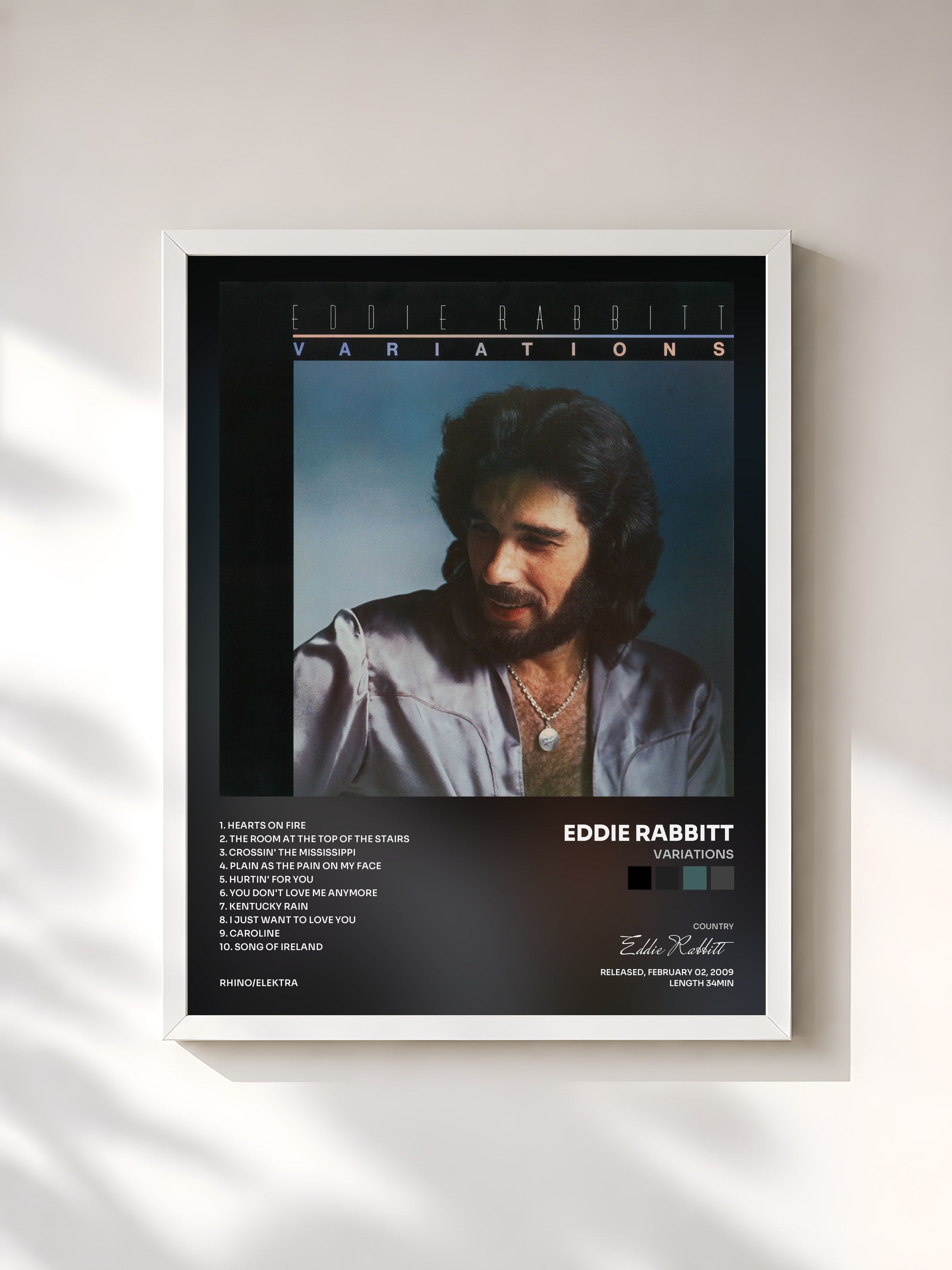 #blanc Tableau de l'album Variations de Eddie Rabbitt, cadre blanc, imprimé et encadré en France