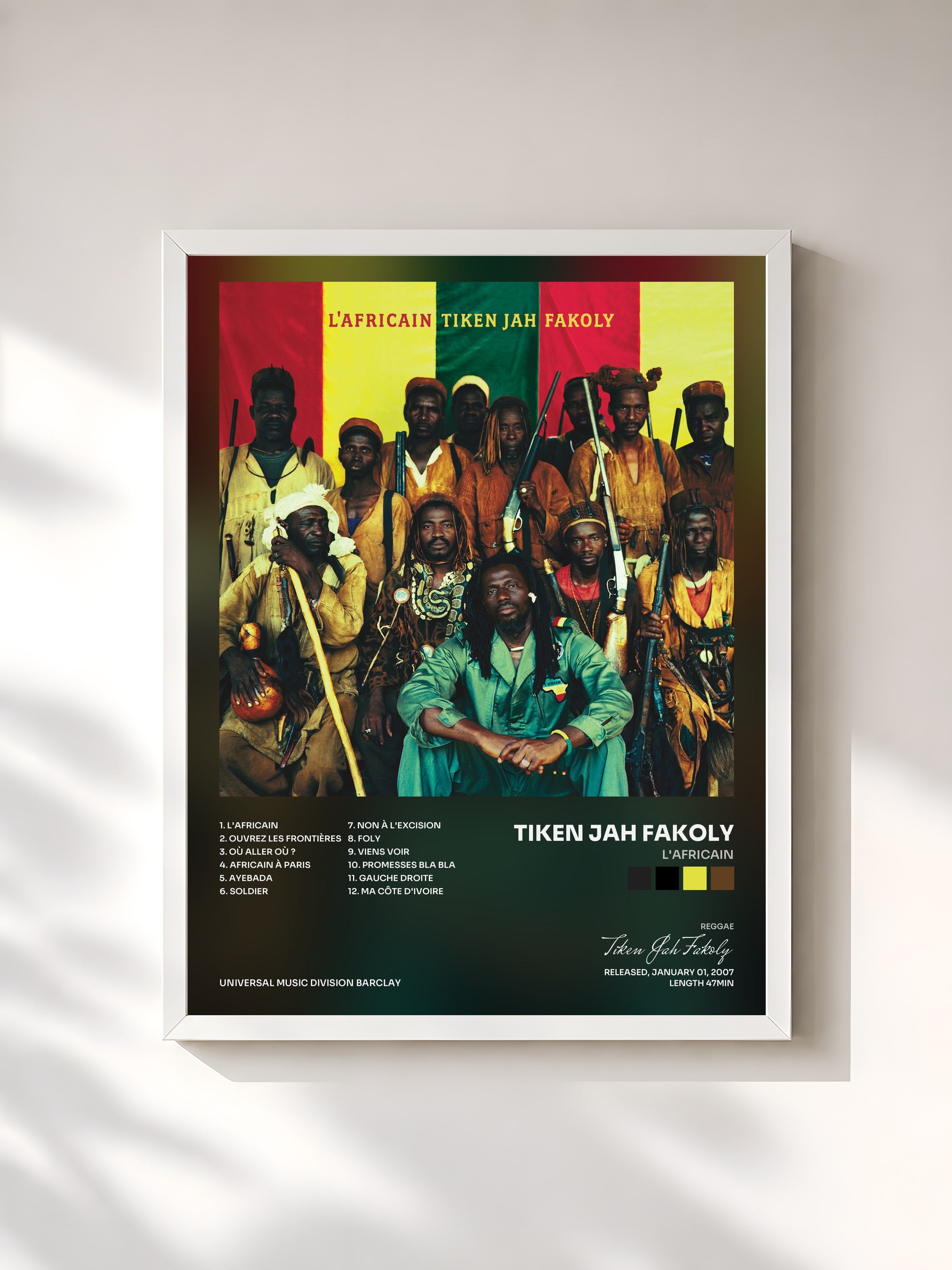#blanc Tableau de l'album L'Africain de Tiken Jah Fakoly, cadre blanc, imprimé et encadré en France