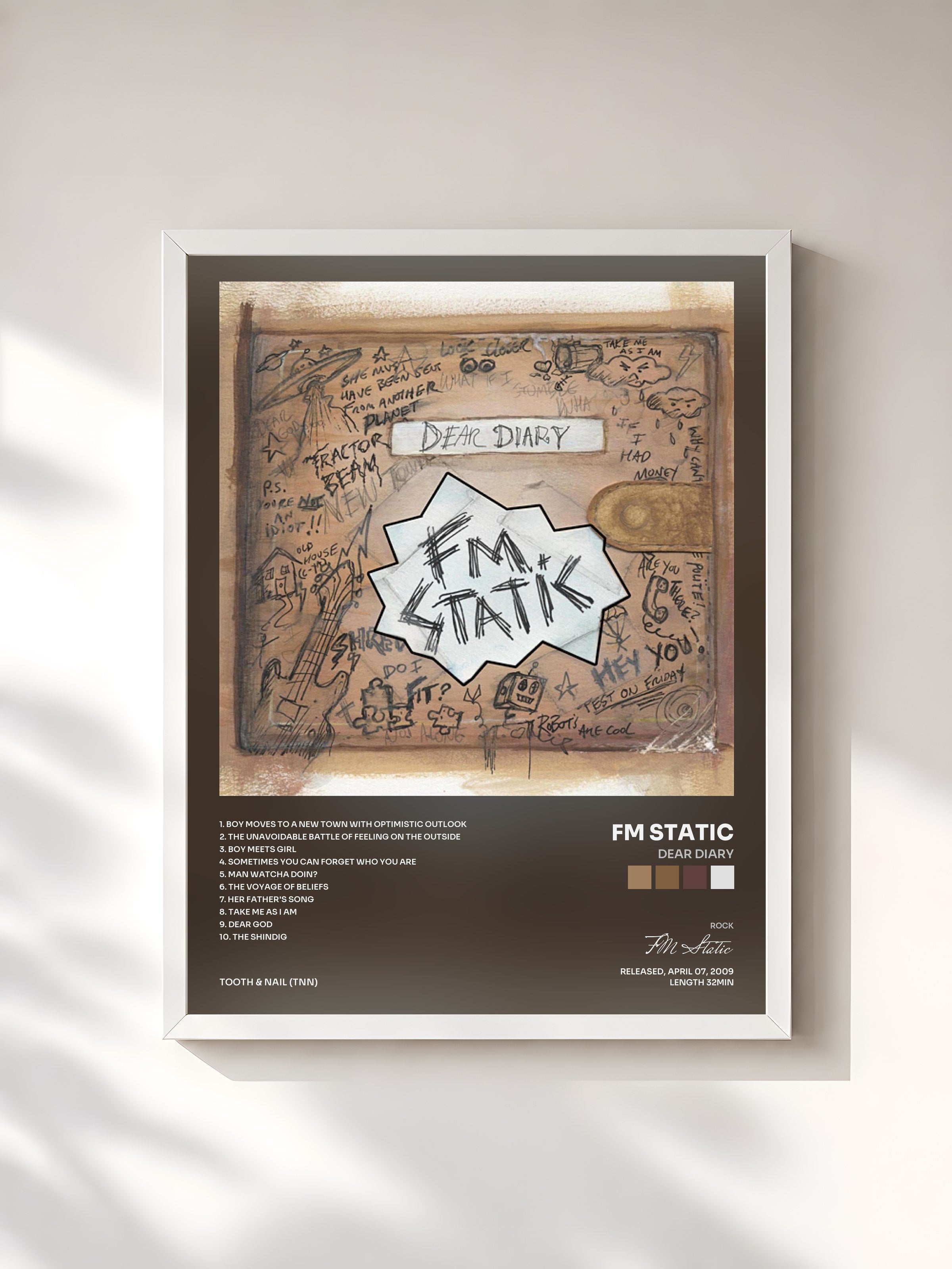 #blanc Tableau de l'album Dear Diary de FM Static, cadre blanc, imprimé et encadré en France