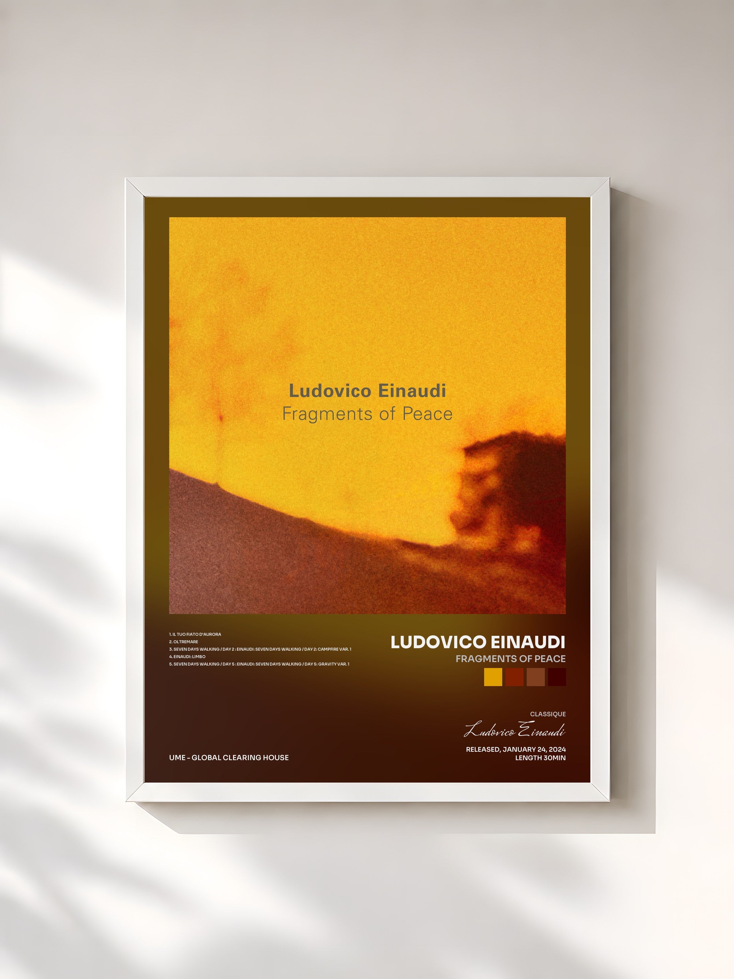 #blanc Tableau de l'album Fragments of Peace de Ludovico Einaudi, cadre blanc, imprimé et encadré en France