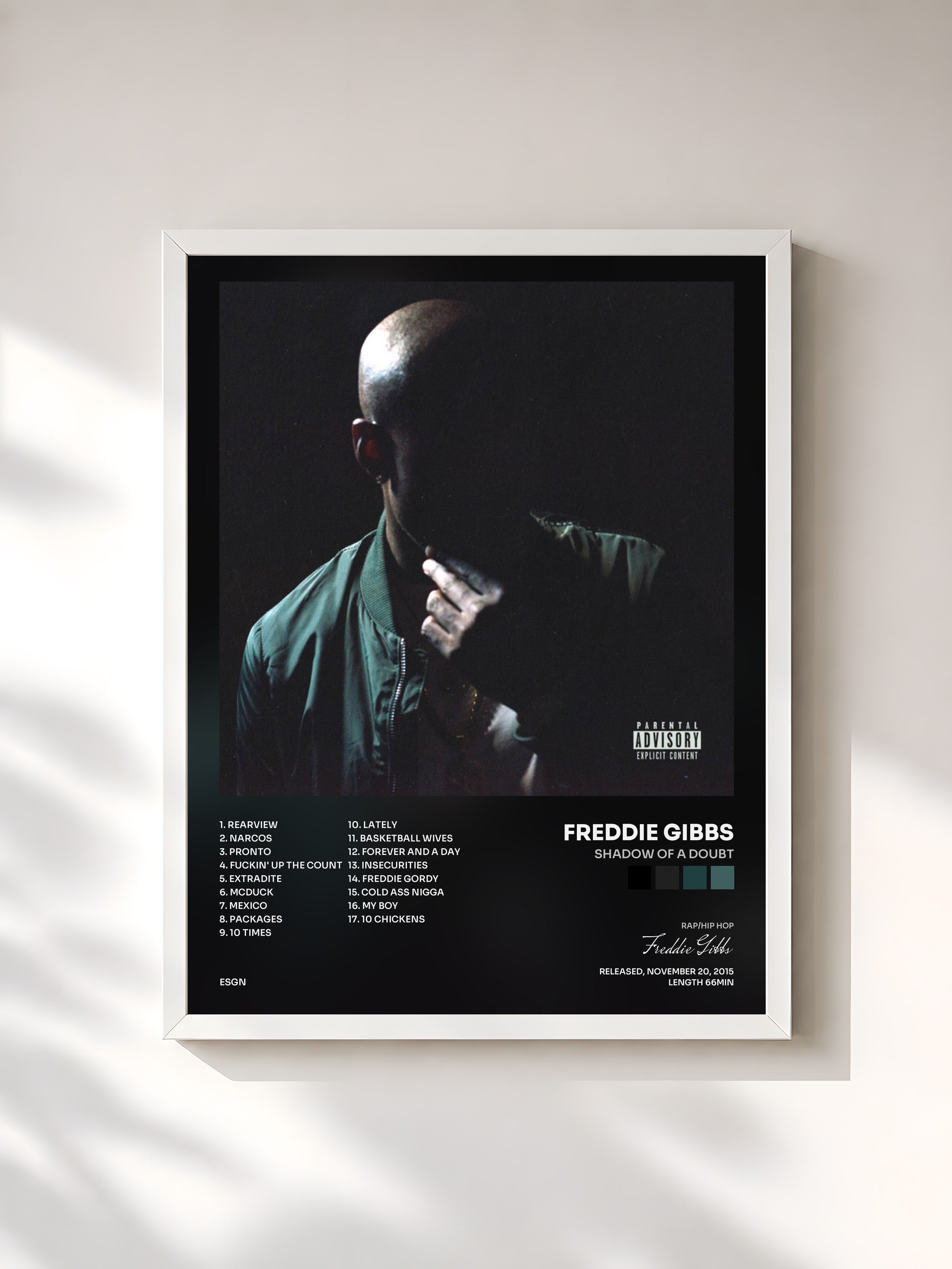 #blanc Tableau de l'album Shadow of a Doubt de Freddie Gibbs, cadre blanc, imprimé et encadré en France