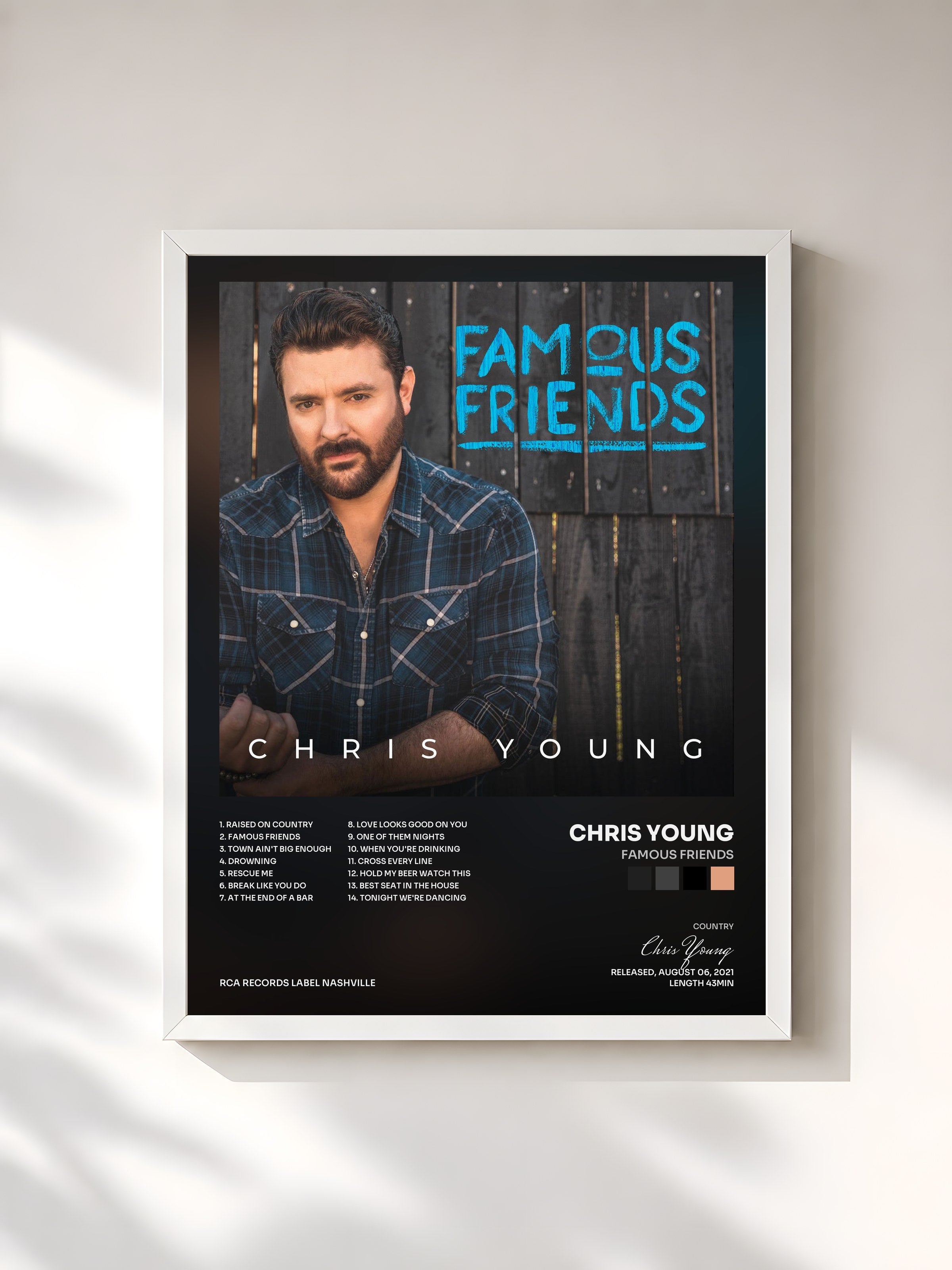 #blanc Tableau de l'album Famous Friends de Chris Young, cadre blanc, imprimé et encadré en France