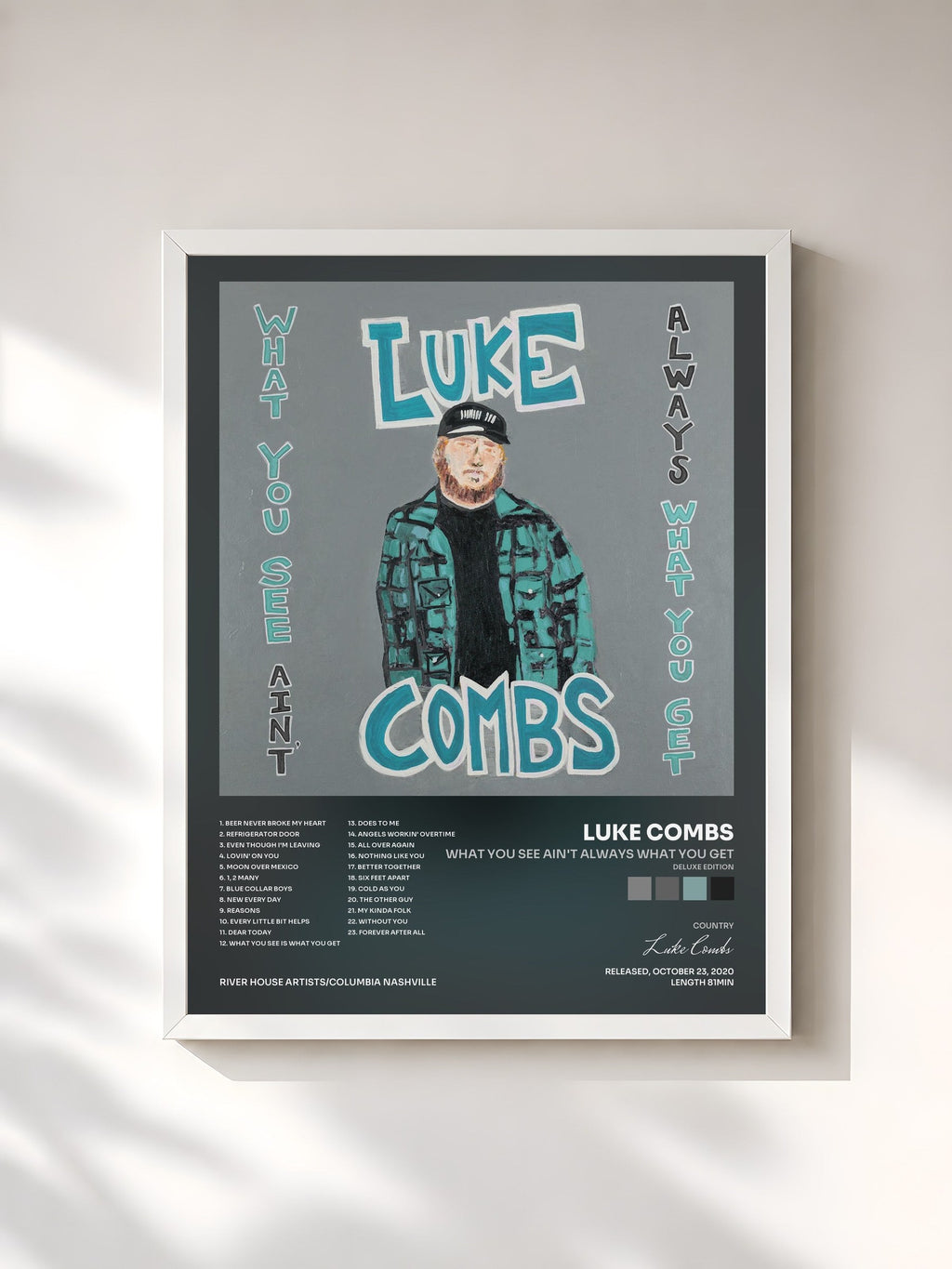 #blanc Tableau de l'album What You See Ain't Always What You Get (Deluxe Edition) de Luke Combs, cadre blanc, imprimé et encadré en France
