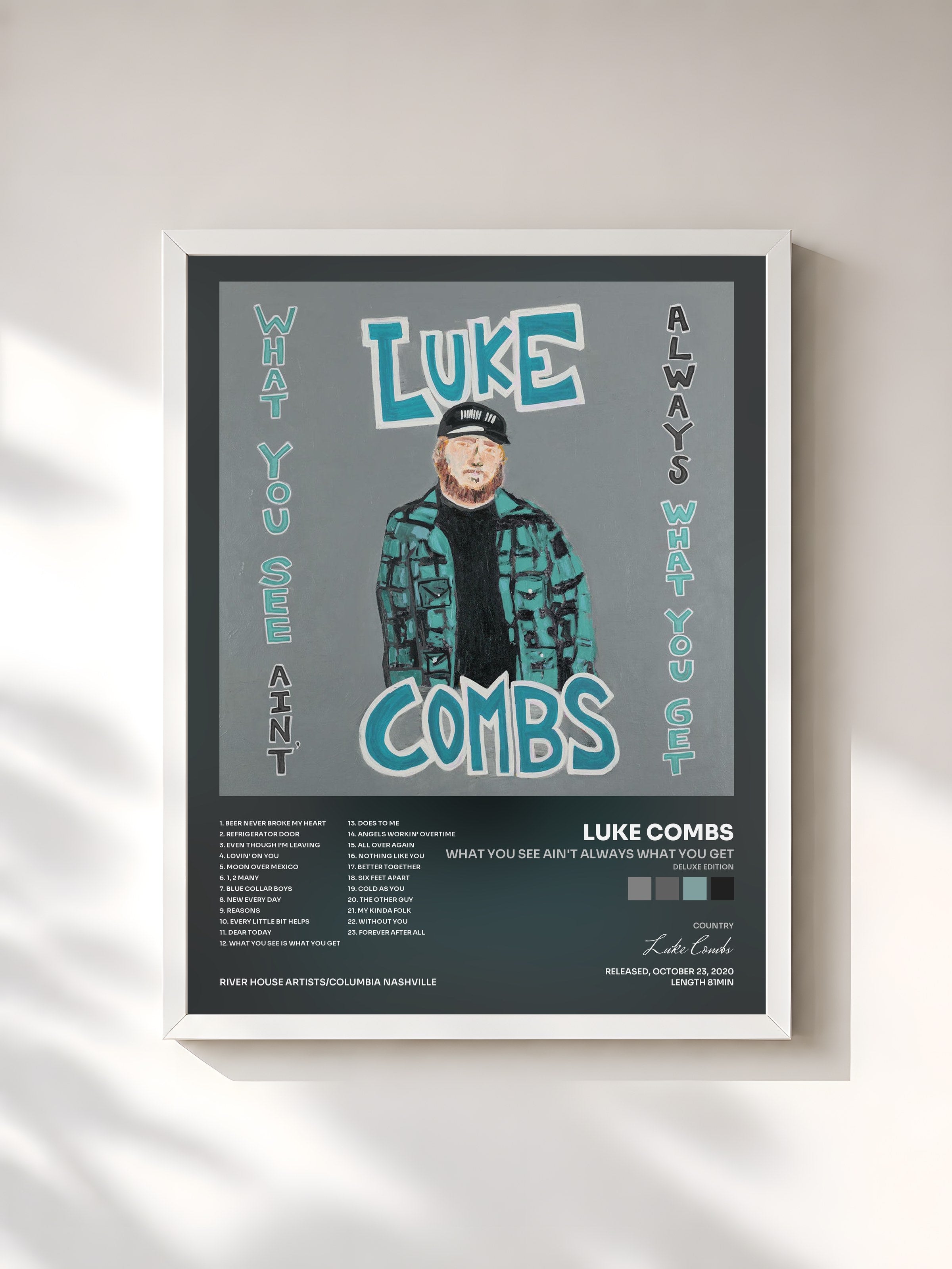 #blanc Tableau de l'album What You See Ain't Always What You Get (Deluxe Edition) de Luke Combs, cadre blanc, imprimé et encadré en France