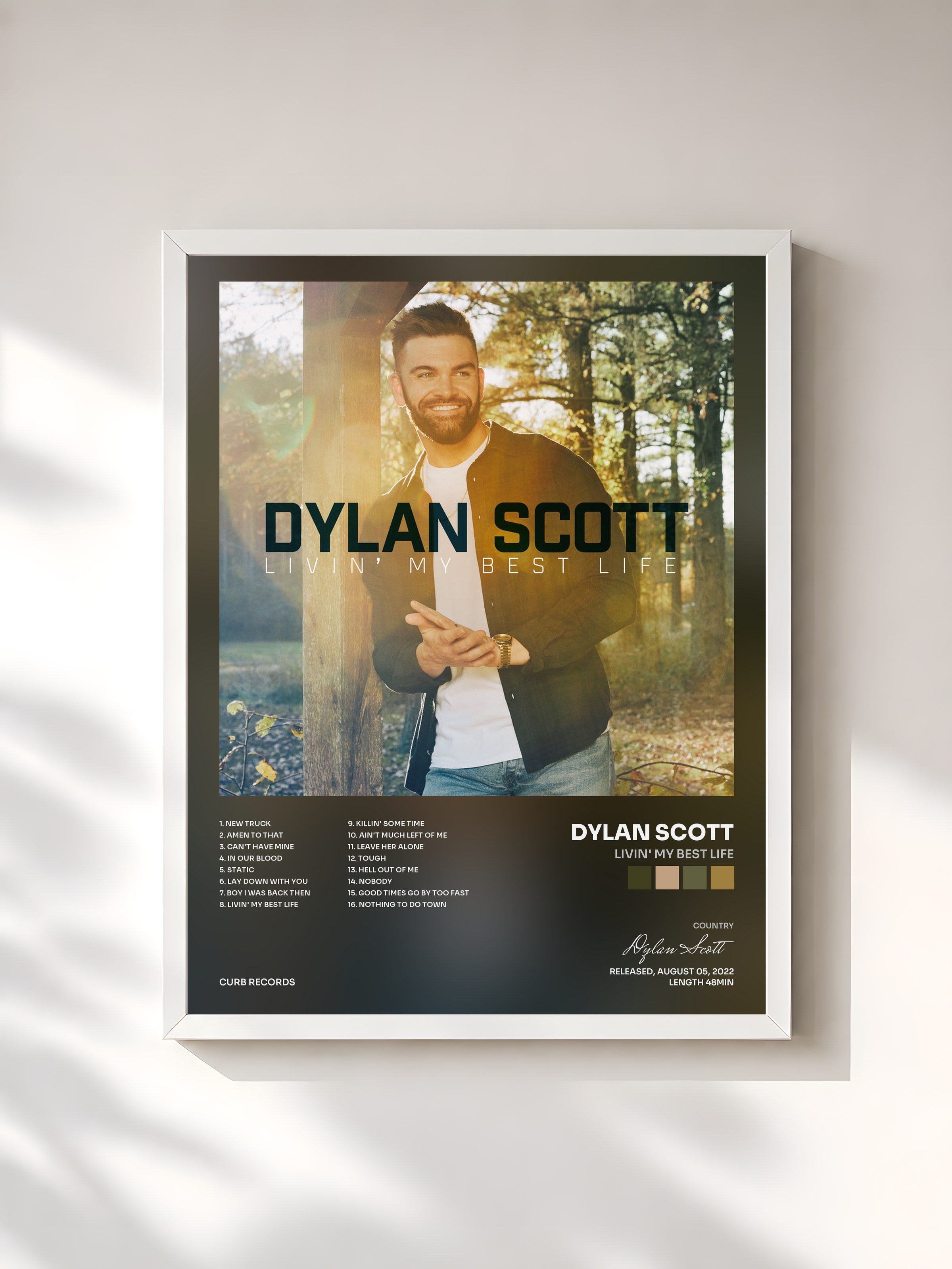 #blanc Tableau de l'album Livin' My Best Life de Dylan Scott, cadre blanc, imprimé et encadré en France