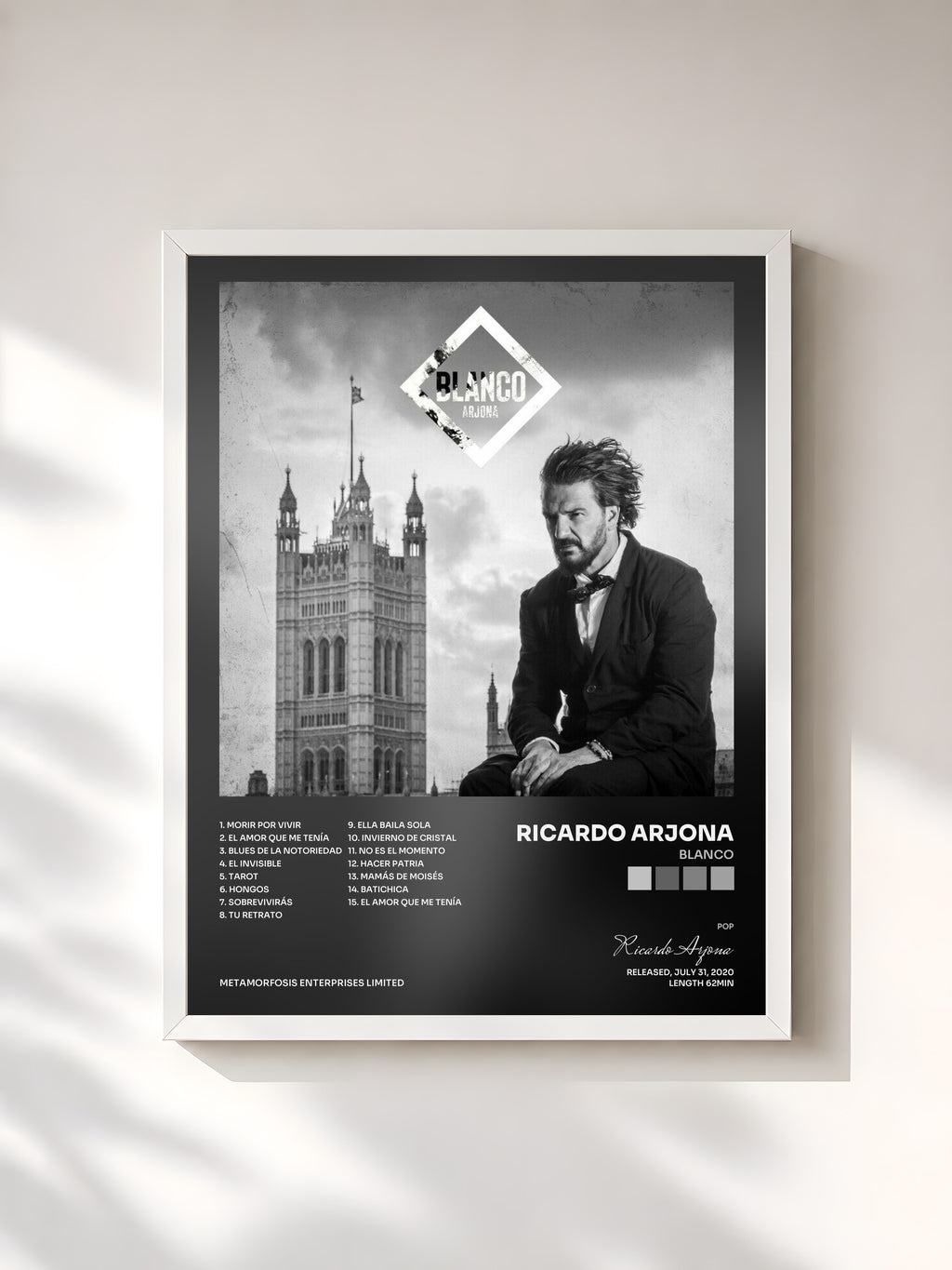 #blanc Tableau de l'album Blanco de Ricardo Arjona, cadre blanc, imprimé et encadré en France