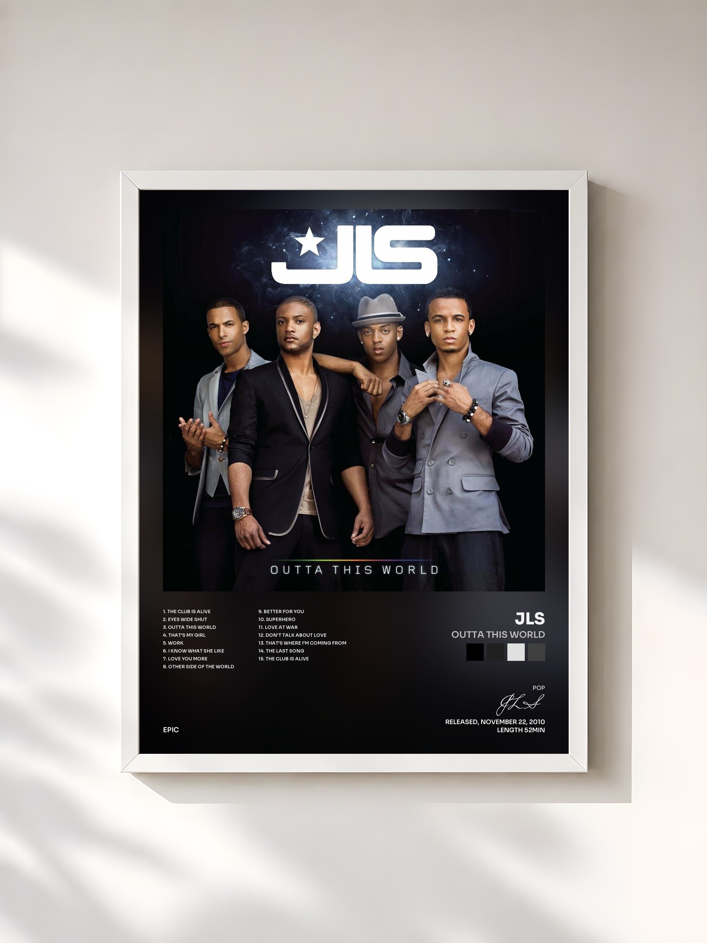 #blanc Tableau de l'album Outta This World de JLS, cadre blanc, imprimé et encadré en France