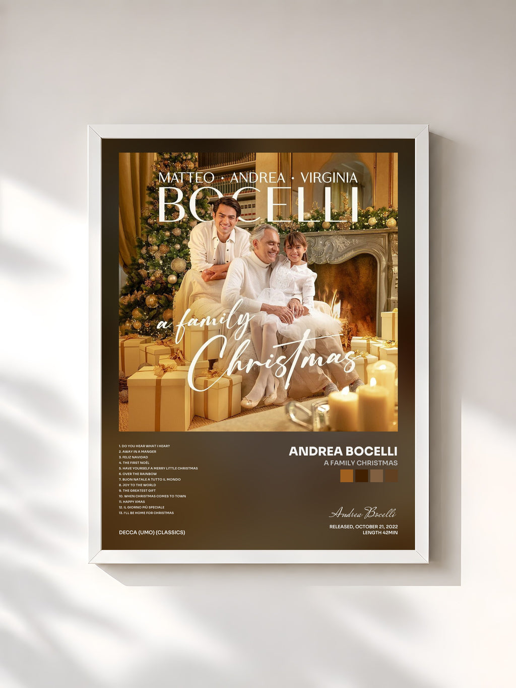 #blanc Tableau de l'album A Family Christmas de Andrea Bocelli, cadre blanc, imprimé et encadré en France