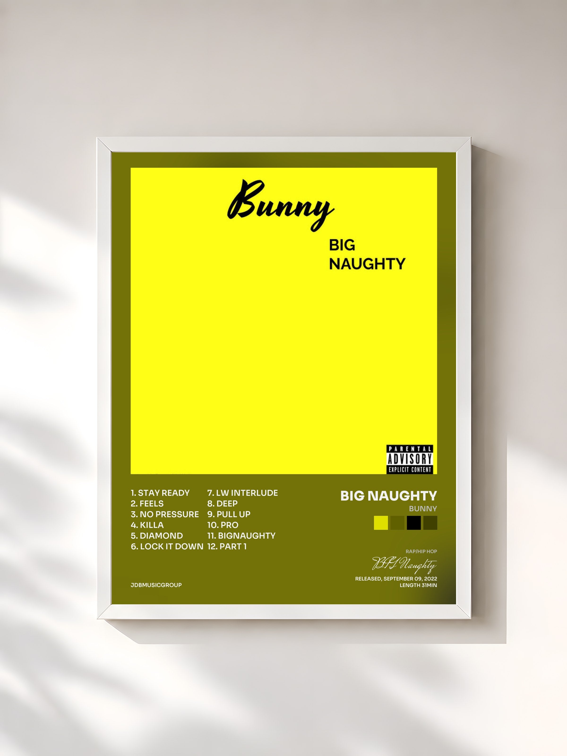 #blanc Tableau de l'album Bunny de BIG Naughty, cadre blanc, imprimé et encadré en France