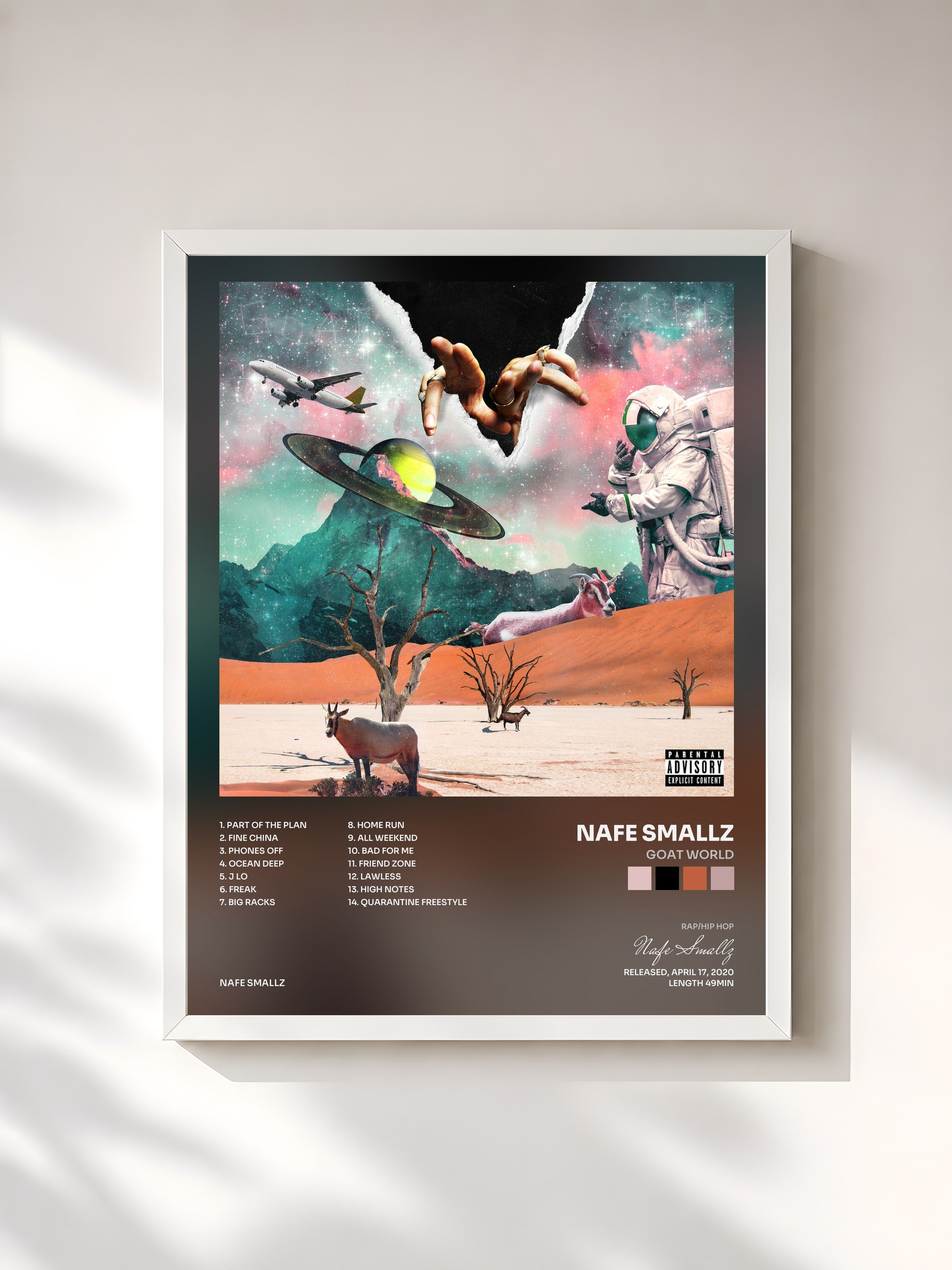 #blanc Tableau de l'album Goat World de Nafe Smallz, cadre blanc, imprimé et encadré en France