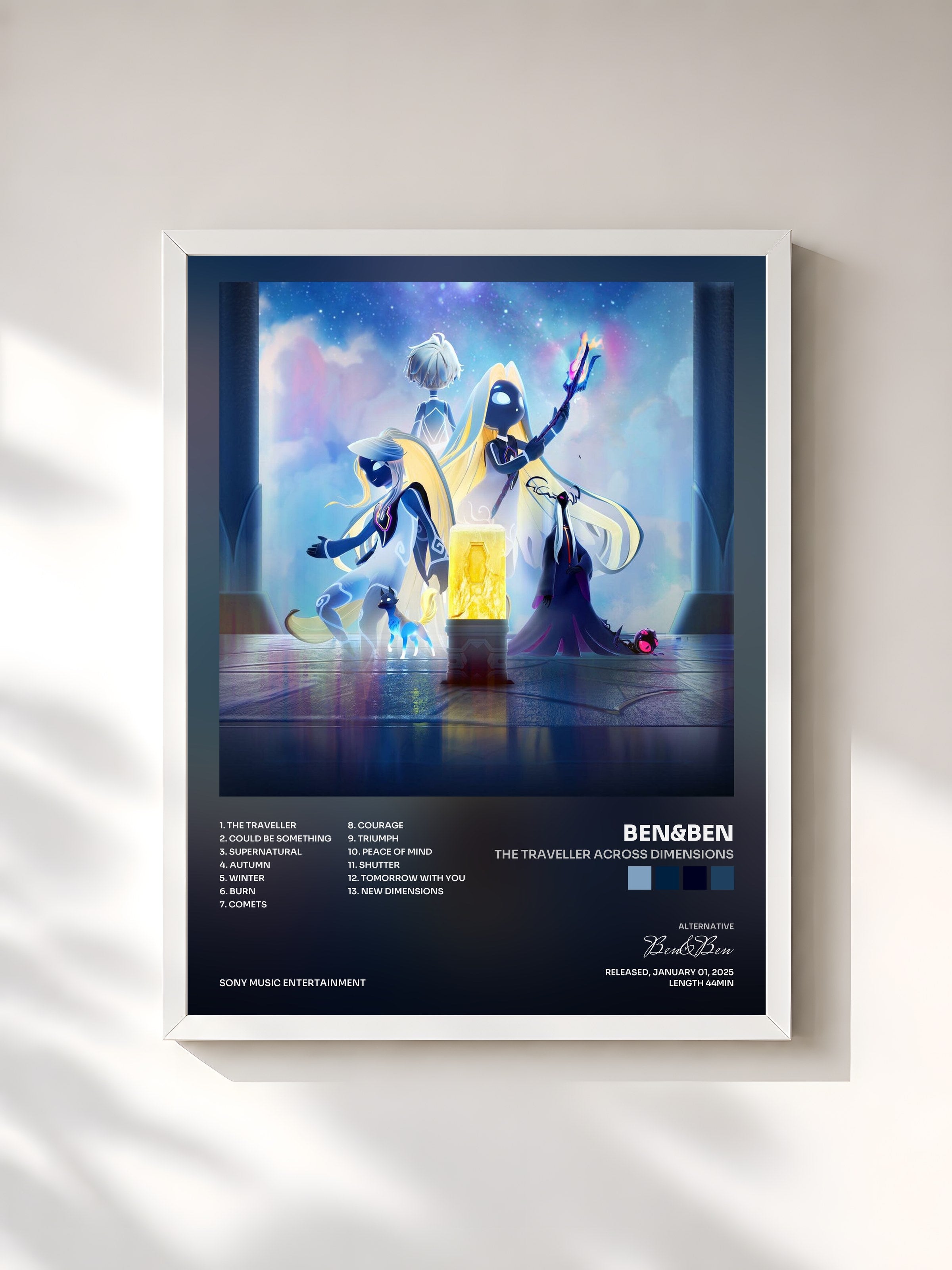 #blanc Tableau de l'album The Traveller Across Dimensions de Ben&Ben, cadre blanc, imprimé et encadré en France