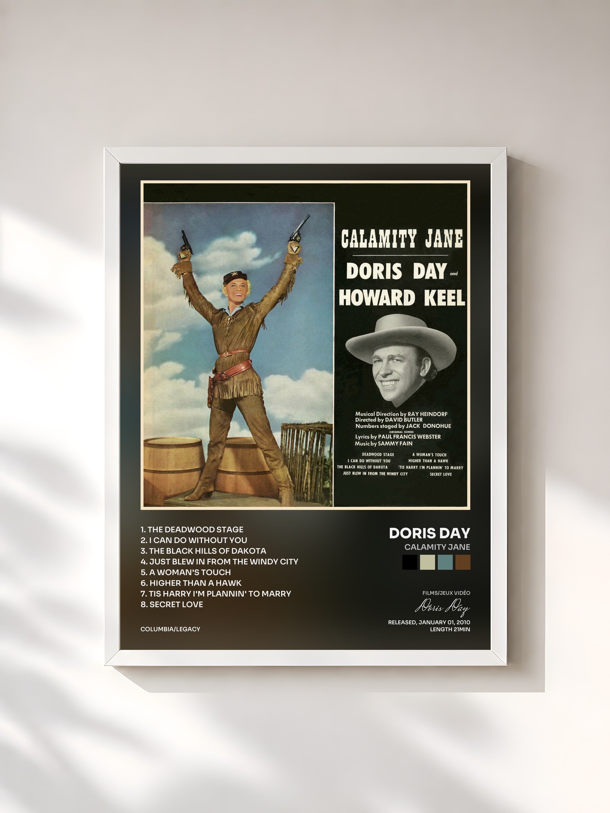 #blanc Tableau de l'album Calamity Jane de Doris Day, cadre blanc, imprimé et encadré en France