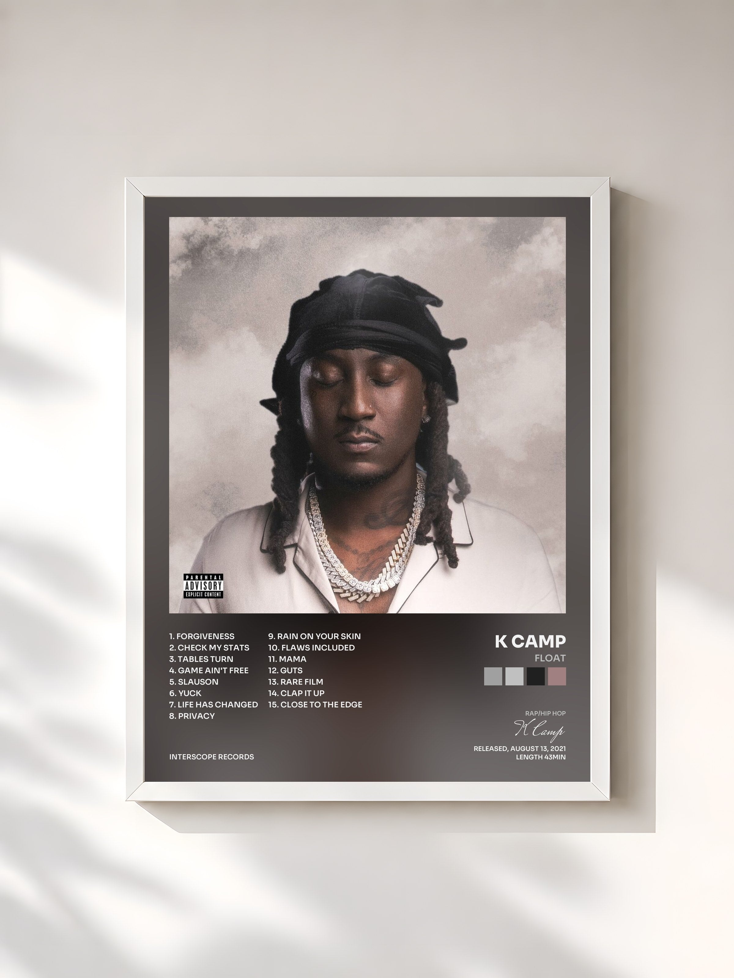 #blanc Tableau de l'album FLOAT de K Camp, cadre blanc, imprimé et encadré en France