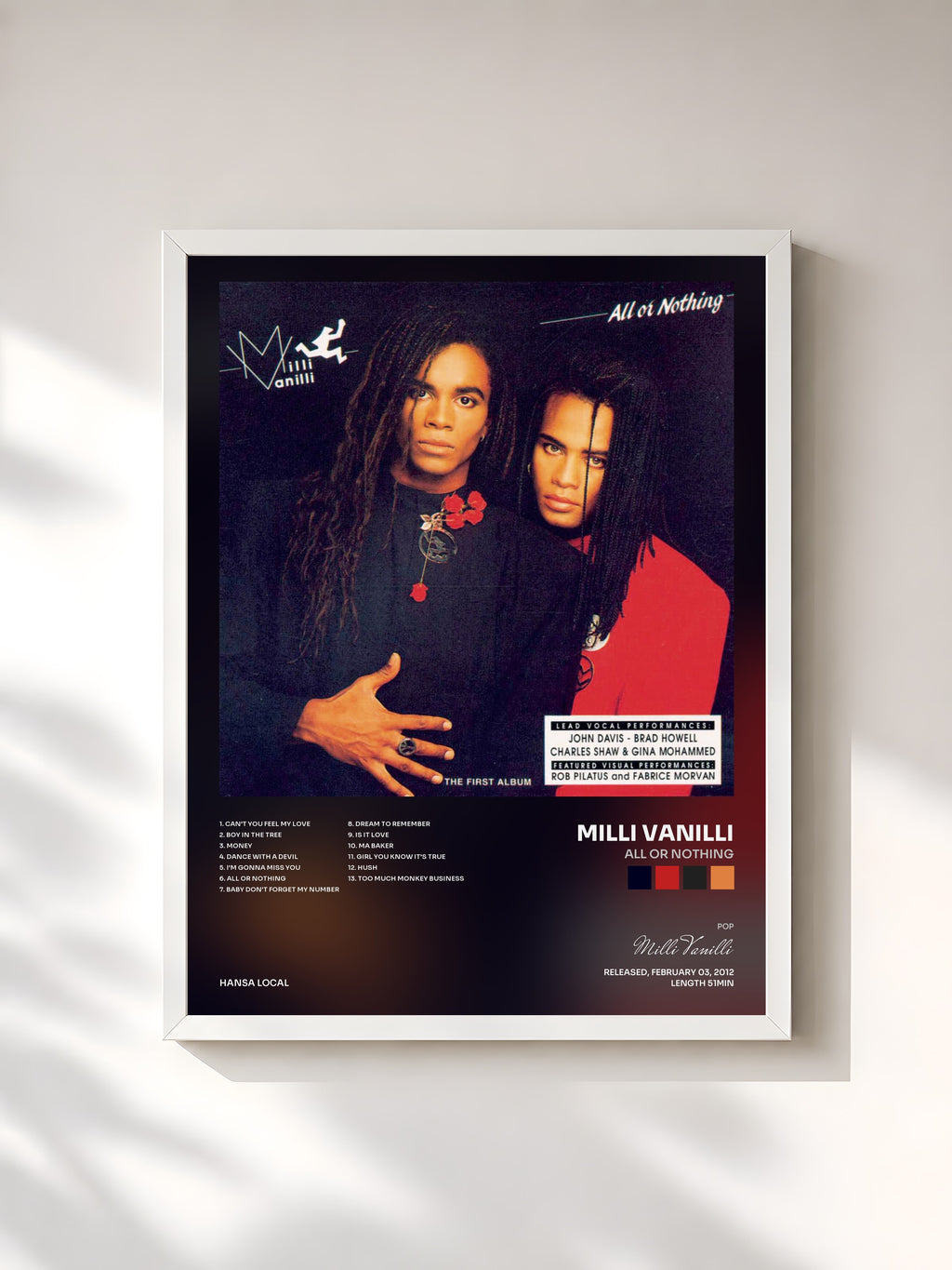 #blanc Tableau de l'album All Or Nothing de Milli Vanilli, cadre blanc, imprimé et encadré en France
