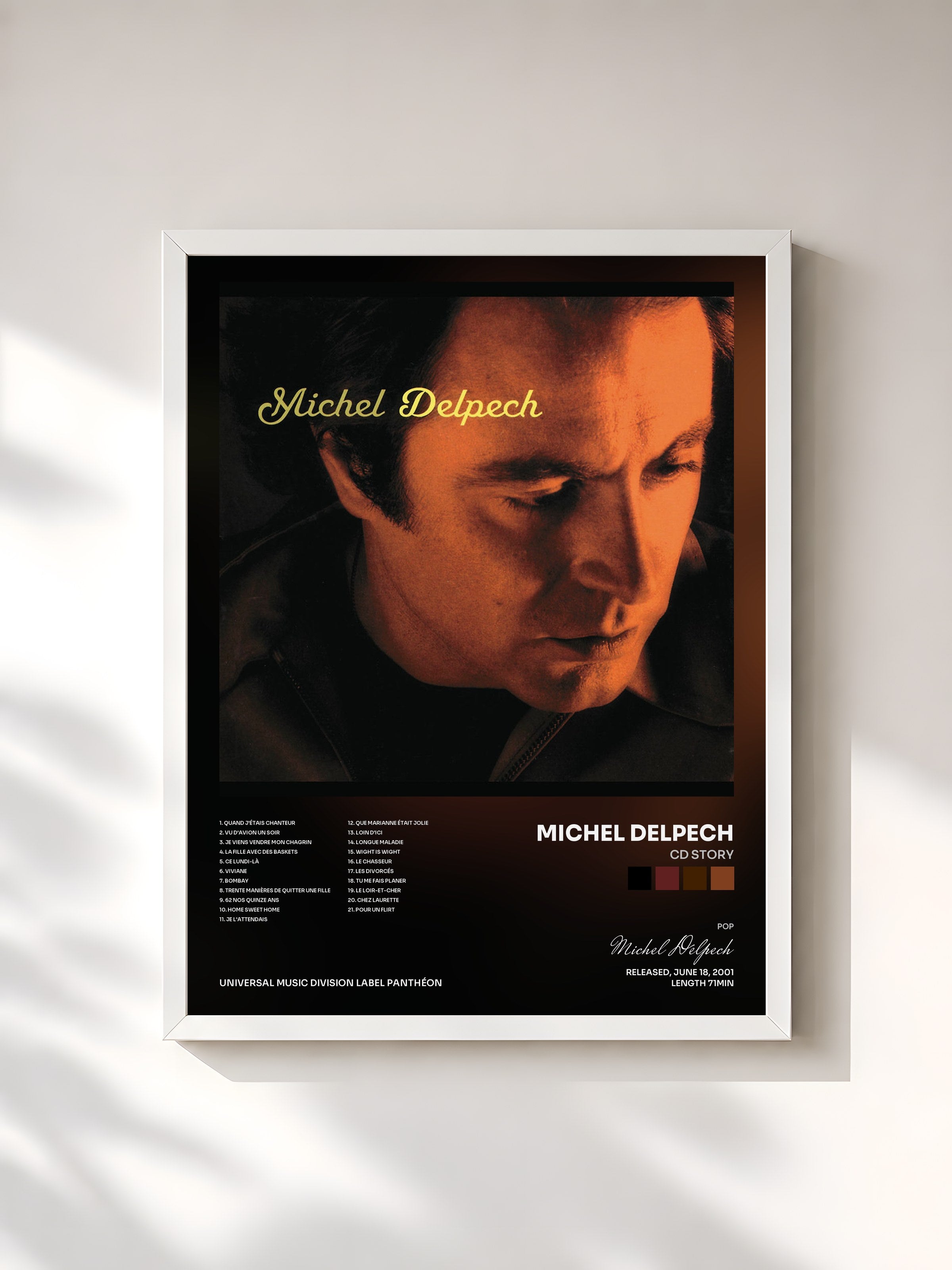 #blanc Tableau de l'album CD Story de Michel Delpech, cadre blanc, imprimé et encadré en France