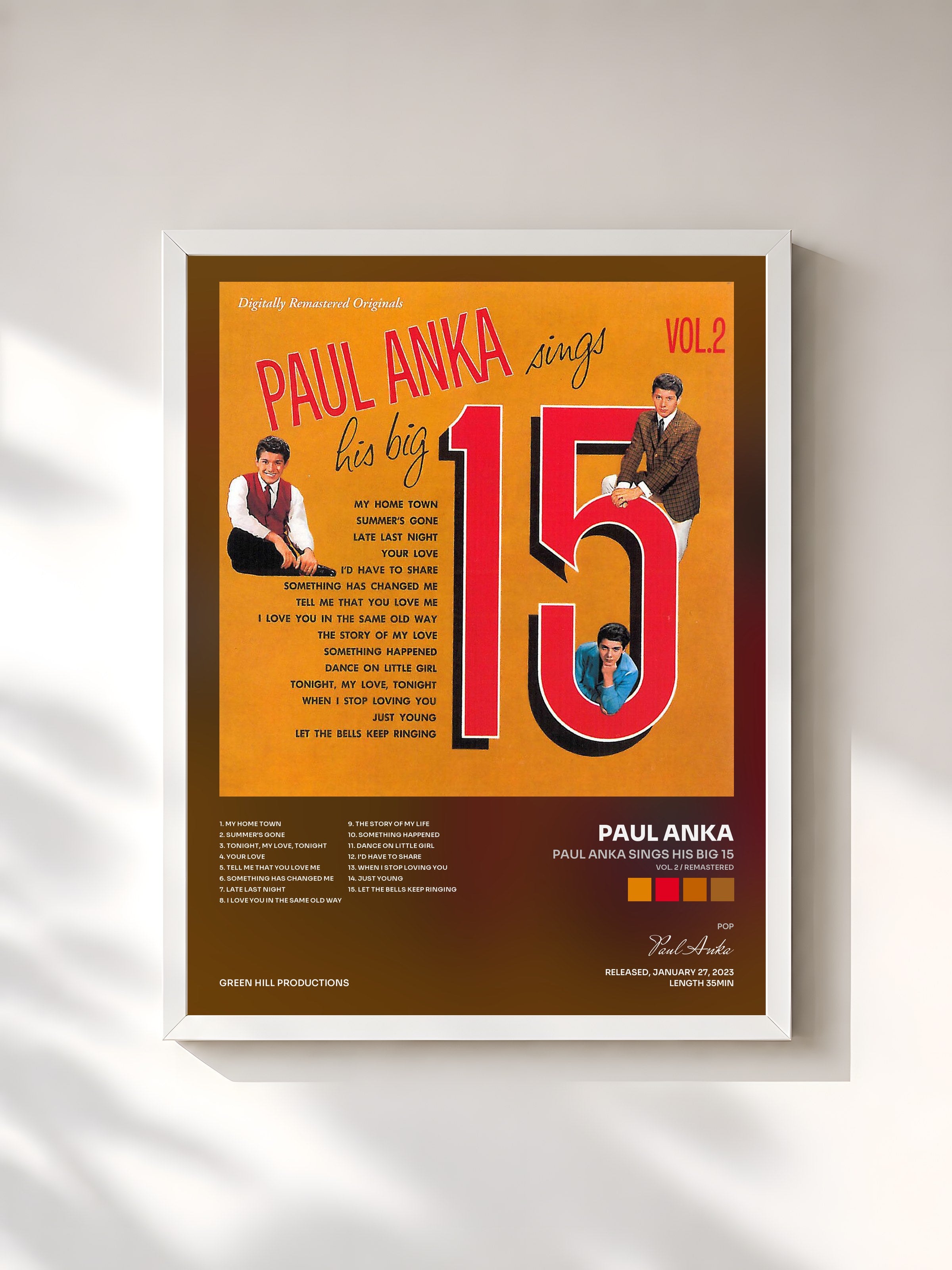 #blanc Tableau de l'album Paul Anka Sings His Big 15 (Vol. 2 / Remastered) de Paul Anka, cadre blanc, imprimé et encadré en France