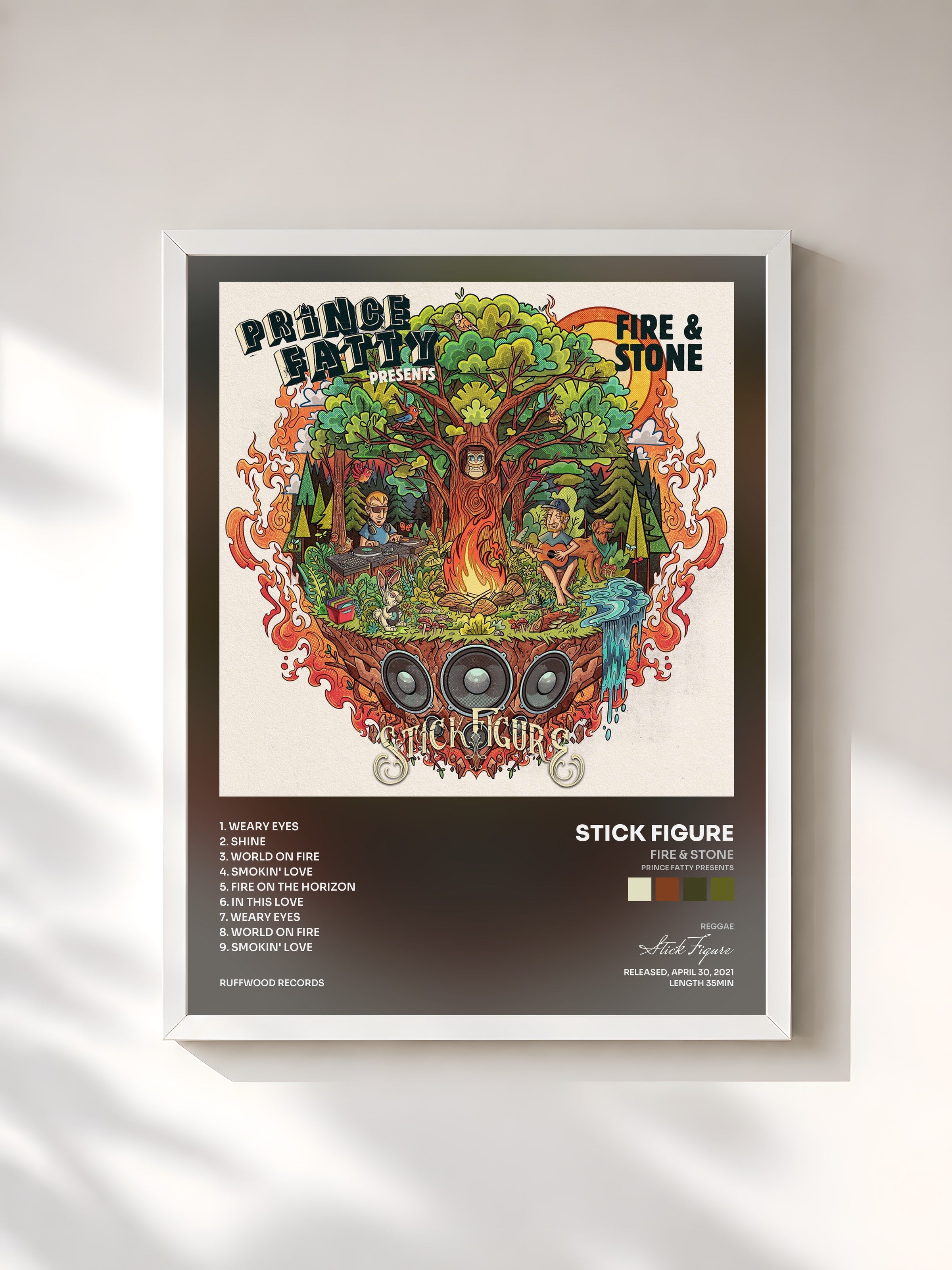 #blanc Tableau de l'album Fire & Stone (Prince Fatty Presents) de Stick Figure, cadre blanc, imprimé et encadré en France