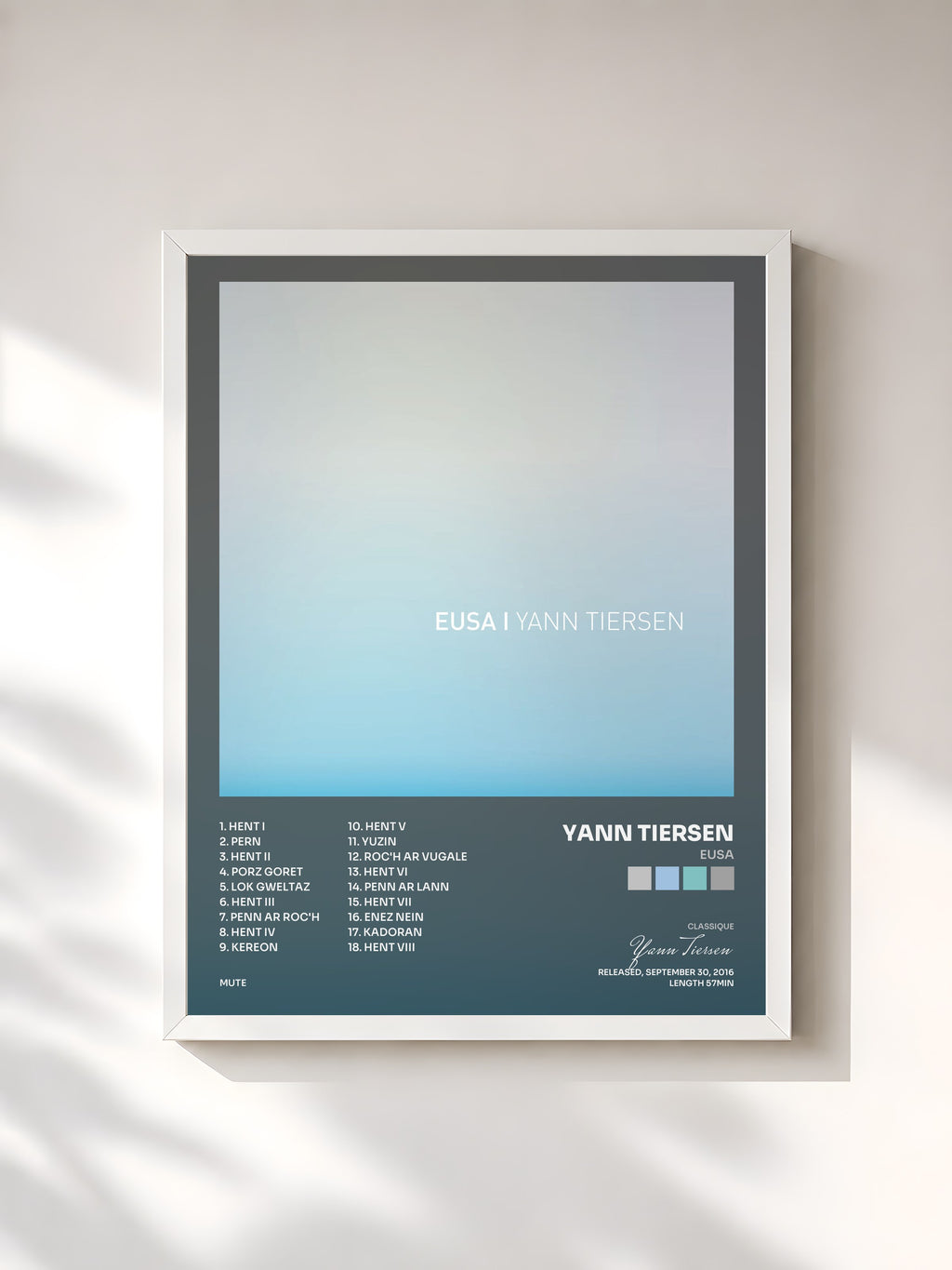 #blanc Tableau de l'album EUSA de Yann Tiersen, cadre blanc, imprimé et encadré en France