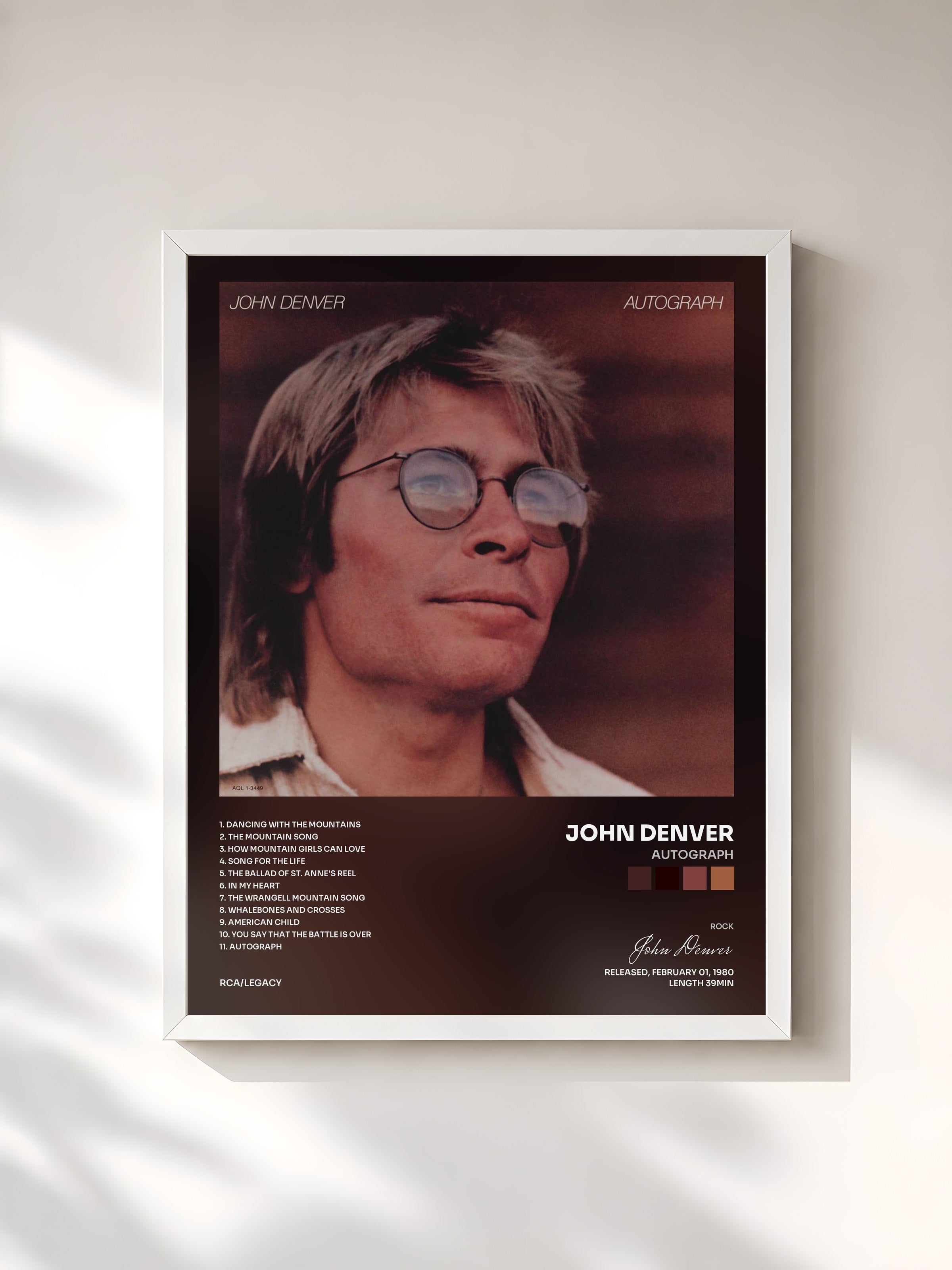#blanc Tableau de l'album Autograph de John Denver, cadre blanc, imprimé et encadré en France