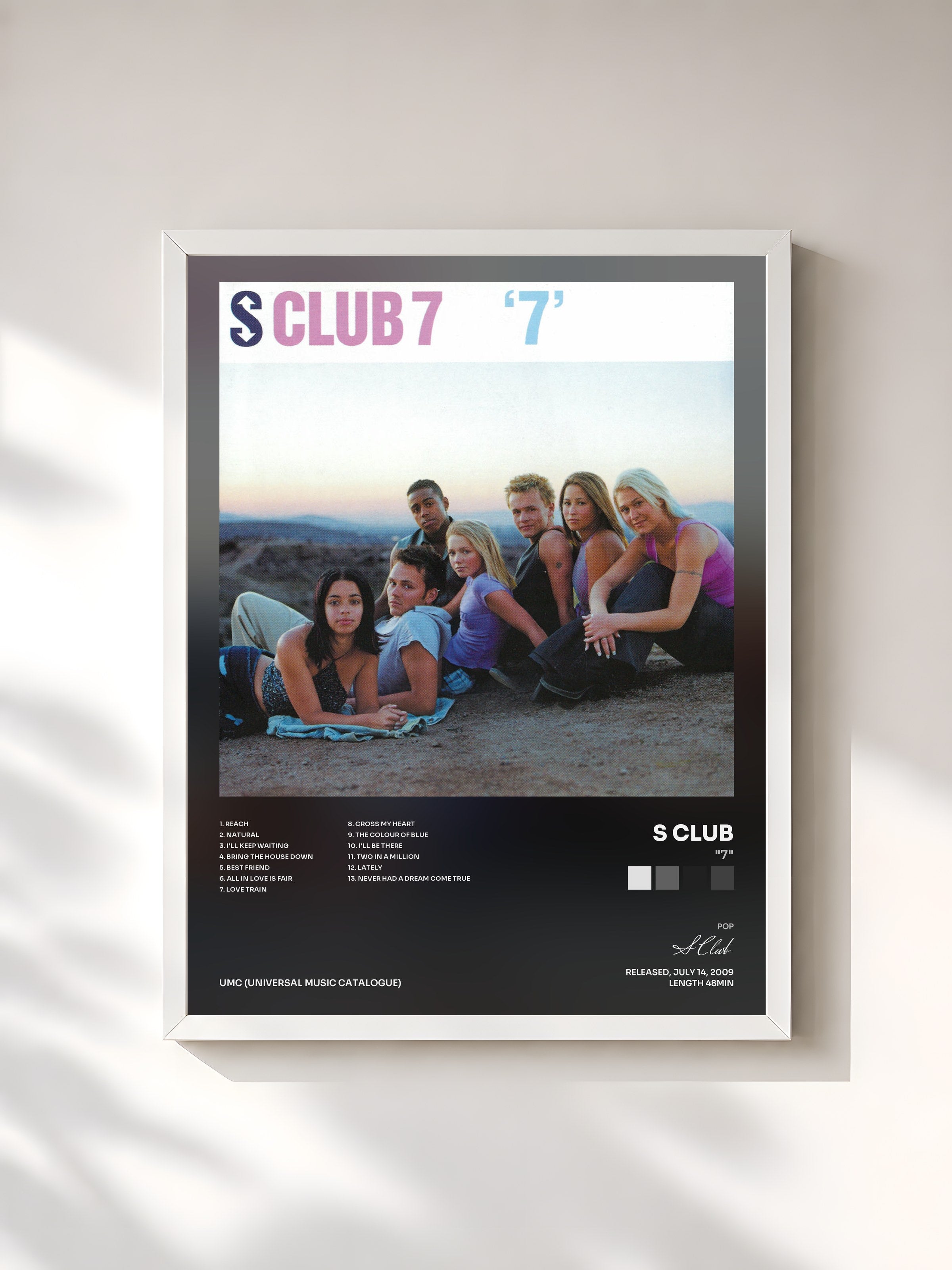 #blanc Tableau de l'album "7" de S Club, cadre blanc, imprimé et encadré en France