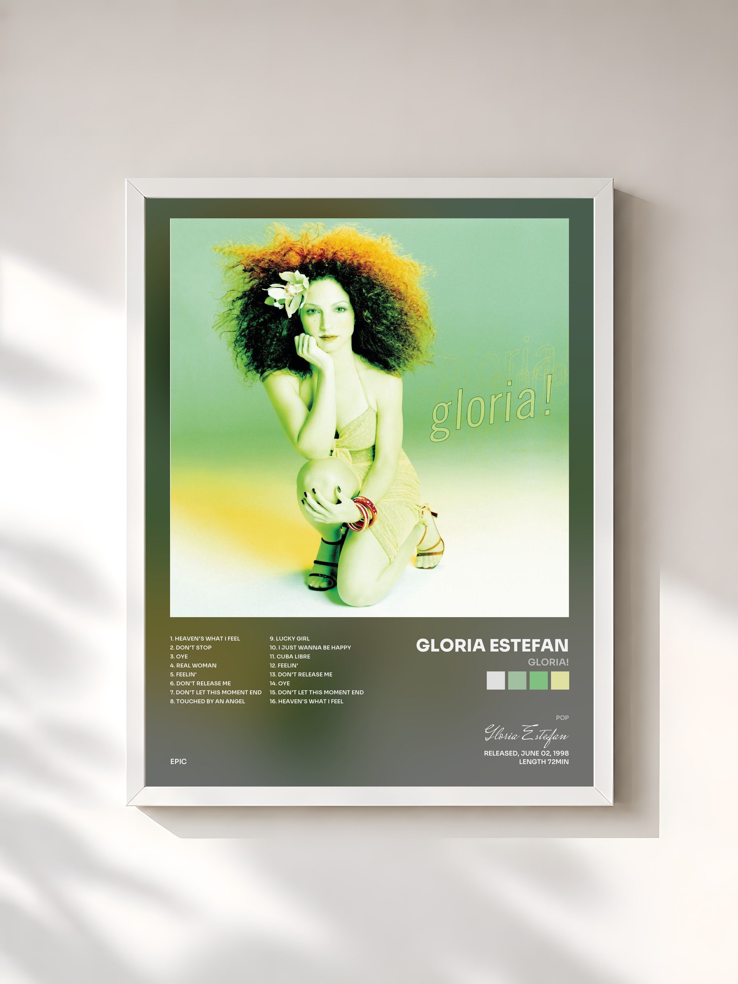 #blanc Tableau de l'album Gloria! de Gloria Estefan, cadre blanc, imprimé et encadré en France
