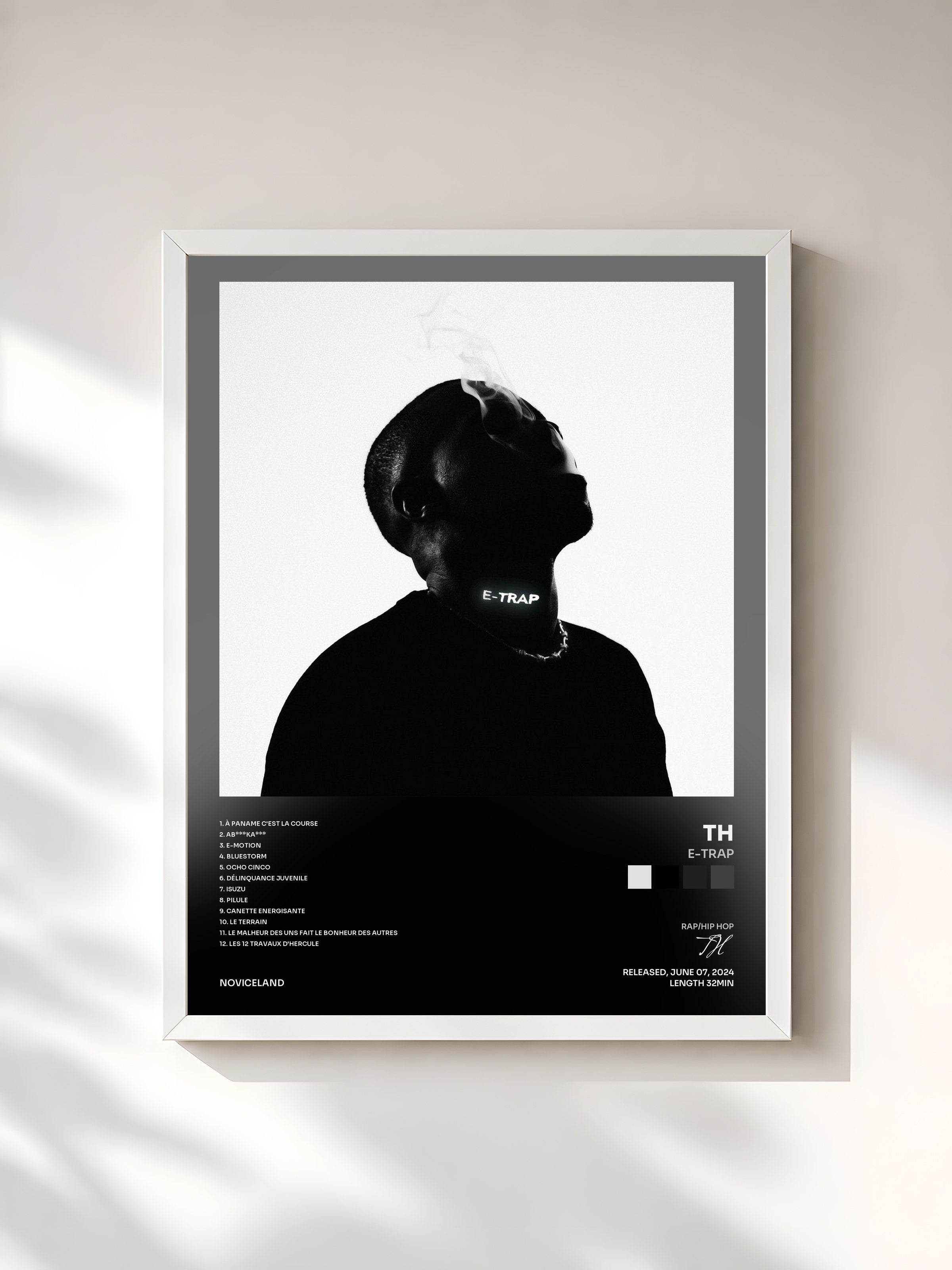 #blanc Tableau de l'album E-TRAP de TH, cadre blanc, imprimé et encadré en France