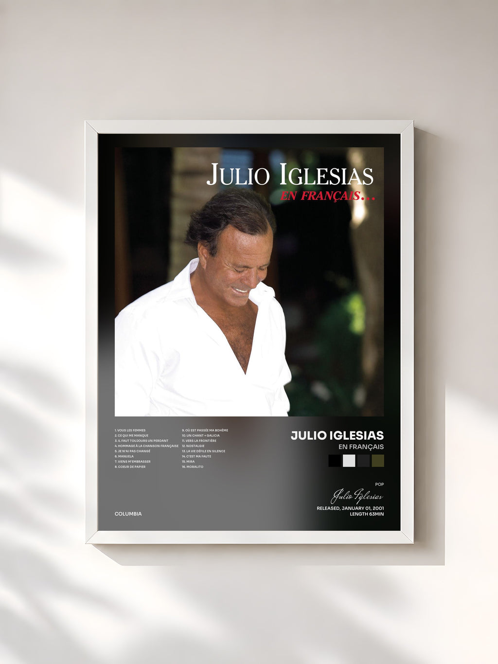 #blanc Tableau de l'album En français de Julio Iglesias, cadre blanc, imprimé et encadré en France