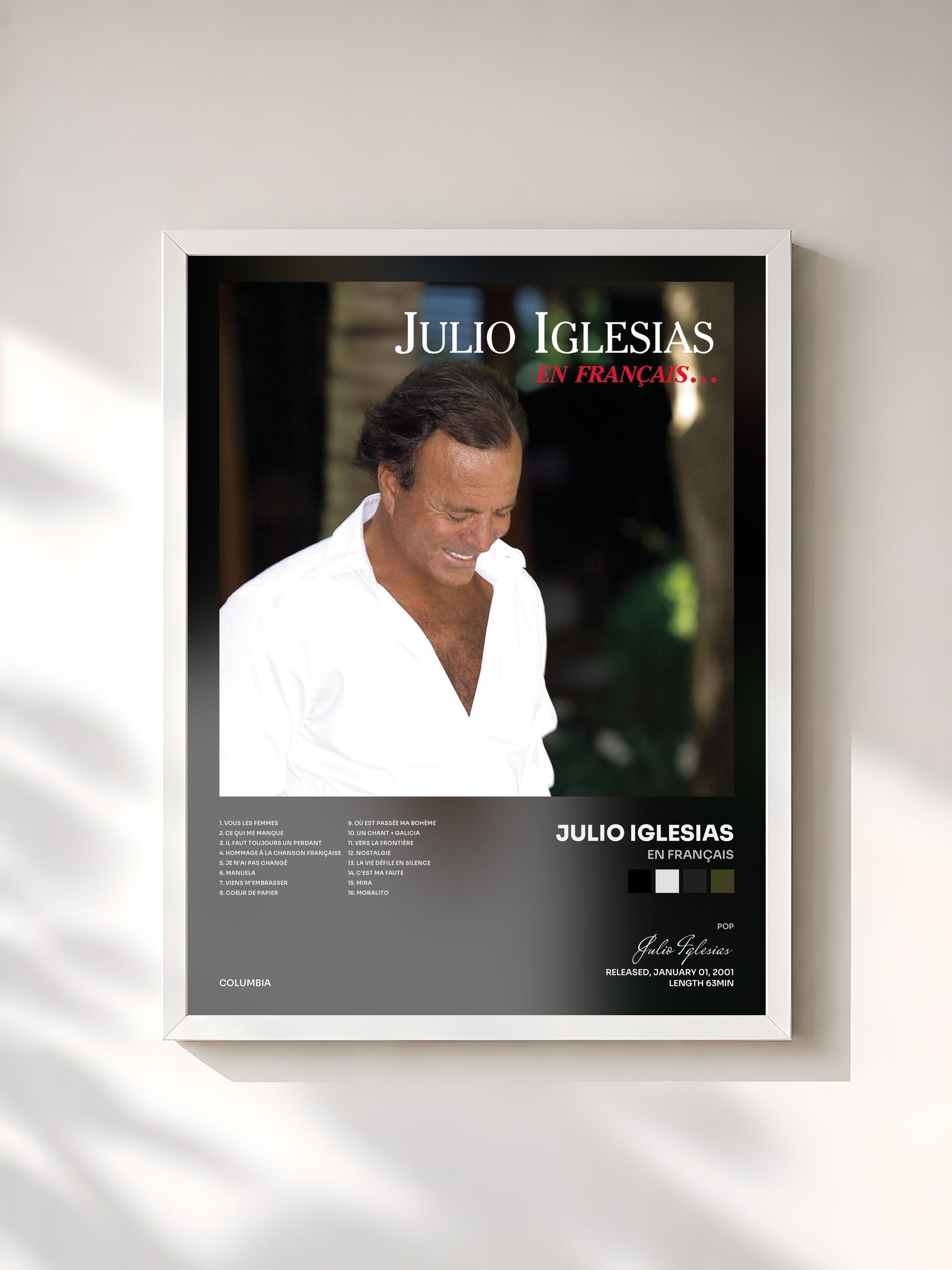#blanc Tableau de l'album En français de Julio Iglesias, cadre blanc, imprimé et encadré en France