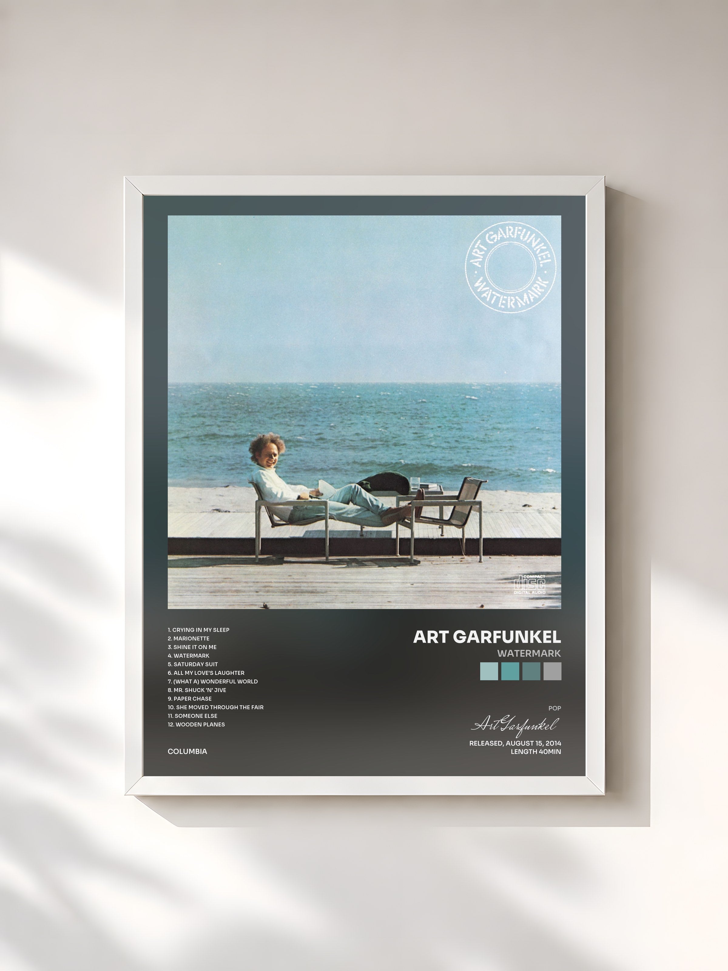 #blanc Tableau de l'album Watermark de Art Garfunkel, cadre blanc, imprimé et encadré en France