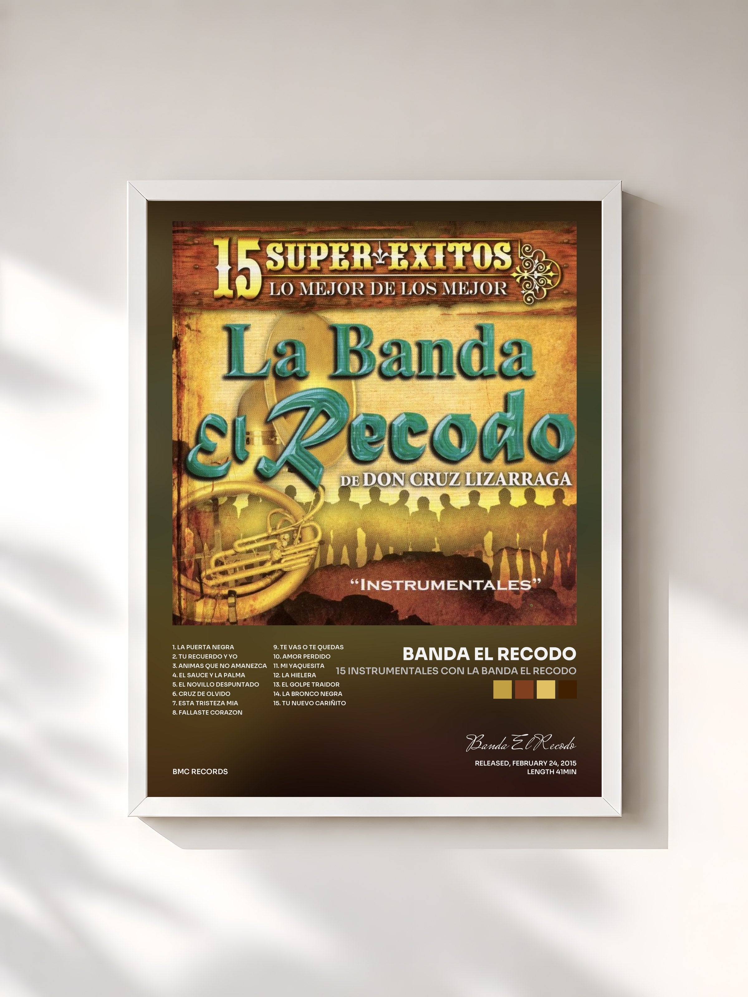#blanc Tableau de l'album 15 Instrumentales Con la Banda el Recodo de Banda El Recodo, cadre blanc, imprimé et encadré en France
