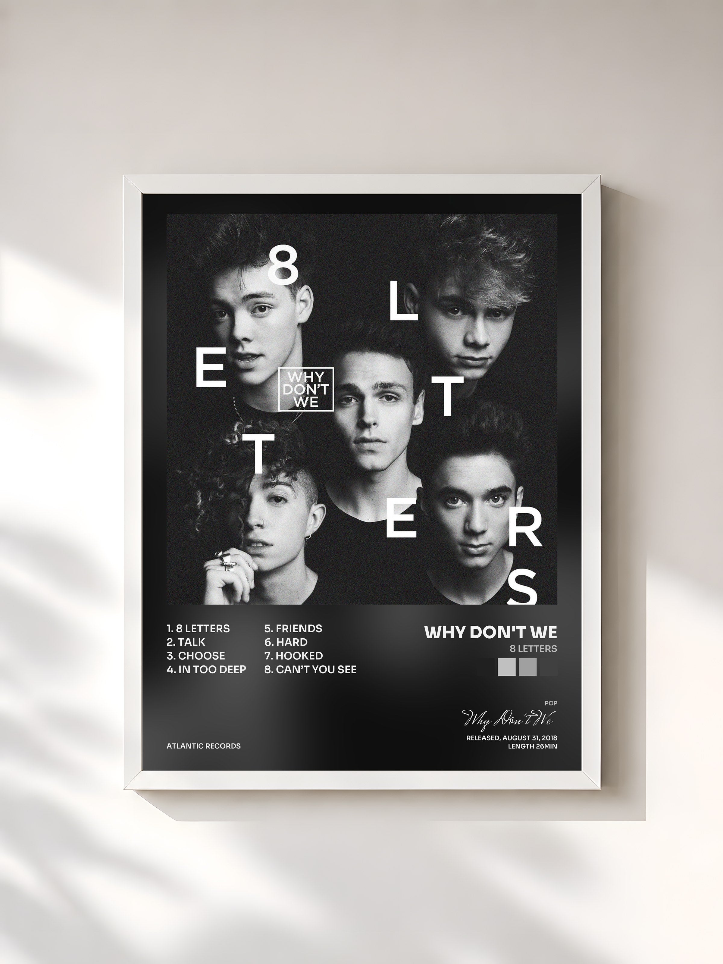 #blanc Tableau de l'album 8 Letters de Why Don't We, cadre blanc, imprimé et encadré en France