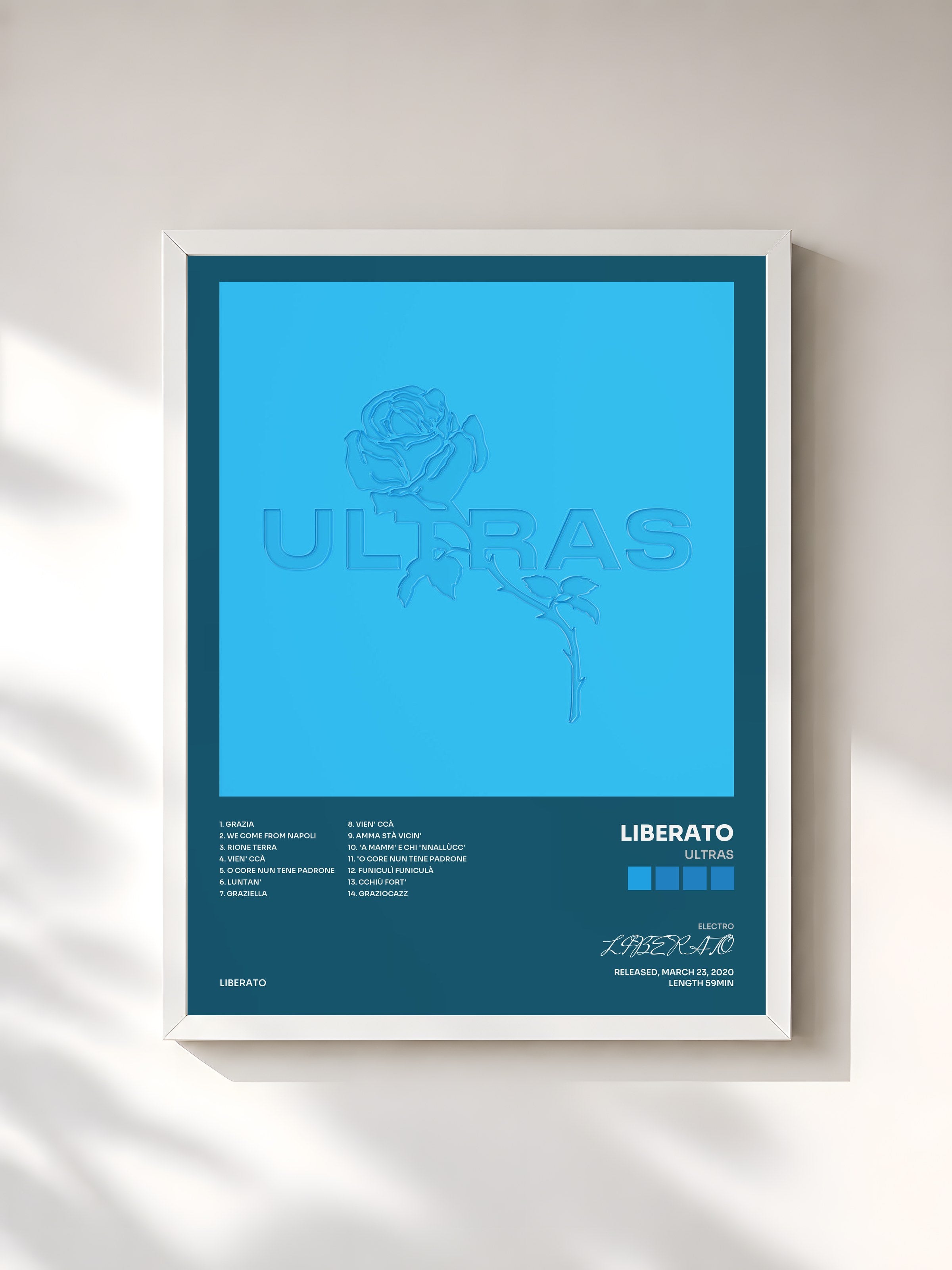 #blanc Tableau de l'album ULTRAS de LIBERATO, cadre blanc, imprimé et encadré en France