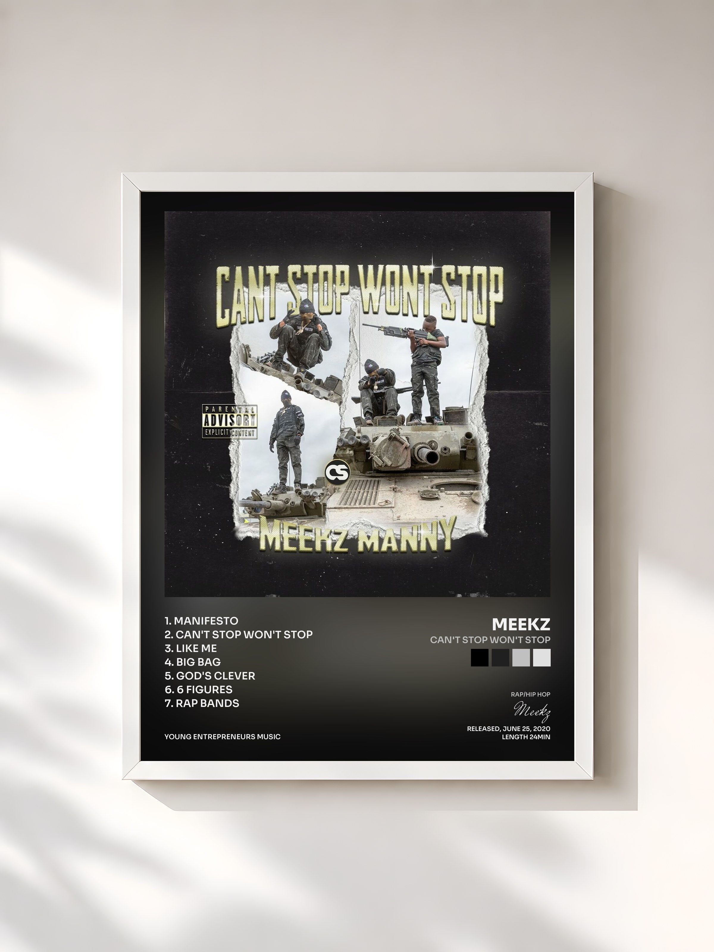 #blanc Tableau de l'album Can't Stop Won't Stop de Meekz, cadre blanc, imprimé et encadré en France