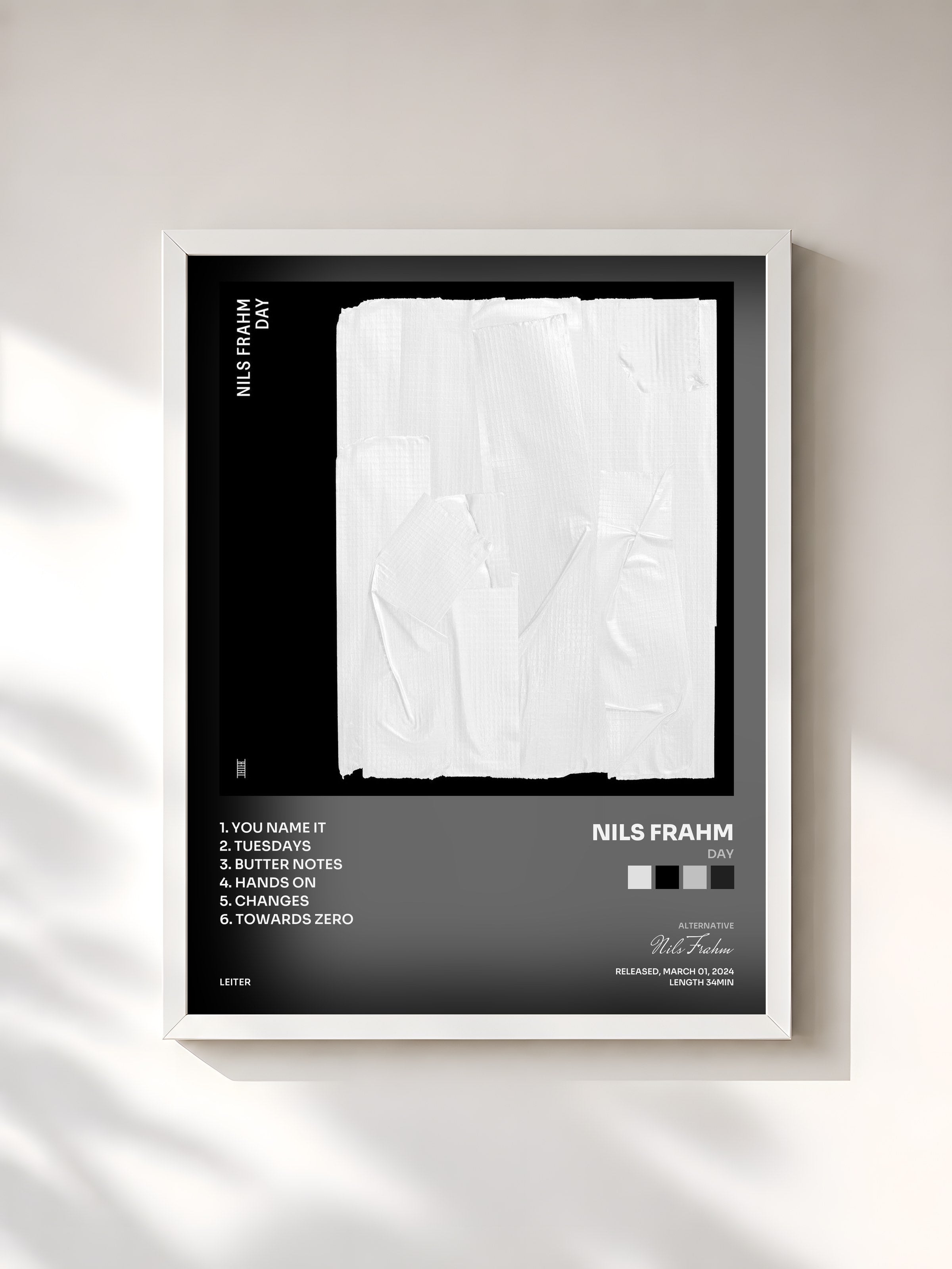 #blanc Tableau de l'album Day de Nils Frahm, cadre blanc, imprimé et encadré en France