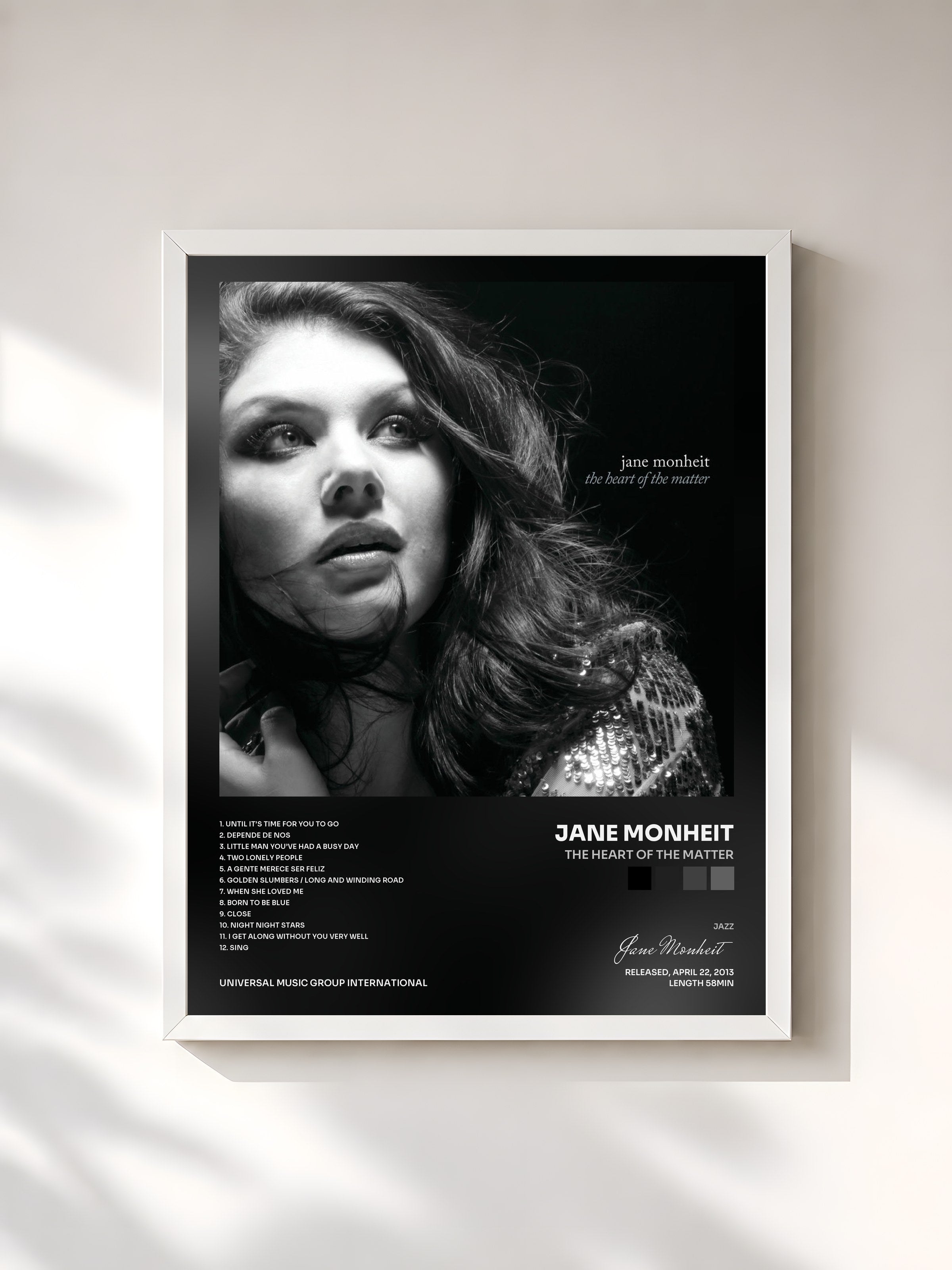 #blanc Tableau de l'album The Heart Of The Matter de Jane Monheit, cadre blanc, imprimé et encadré en France