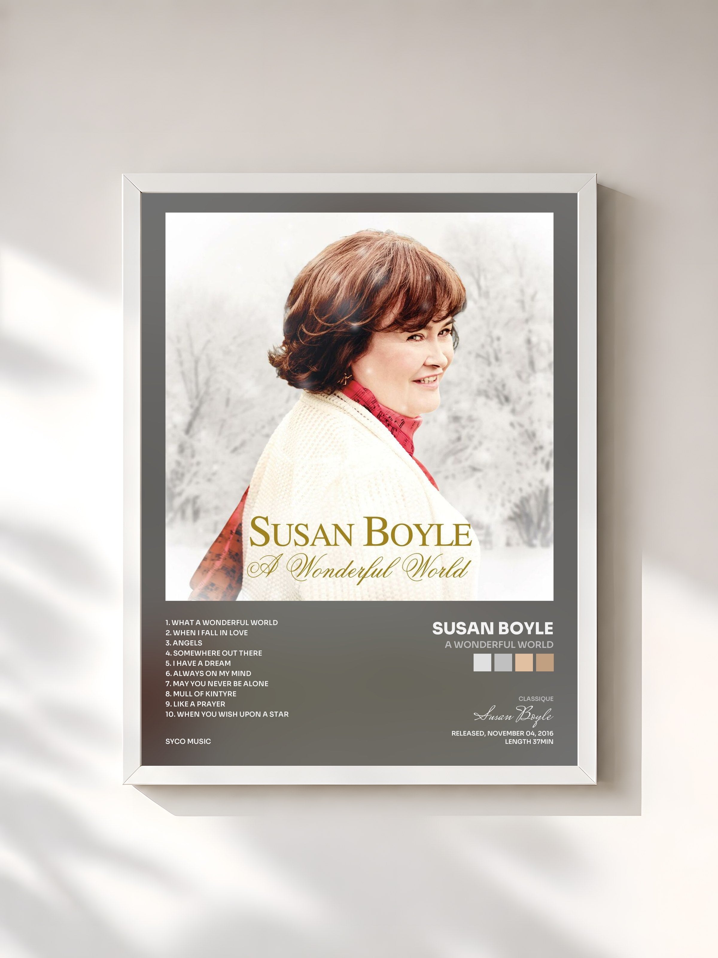 #blanc Tableau de l'album A Wonderful World de Susan Boyle, cadre blanc, imprimé et encadré en France