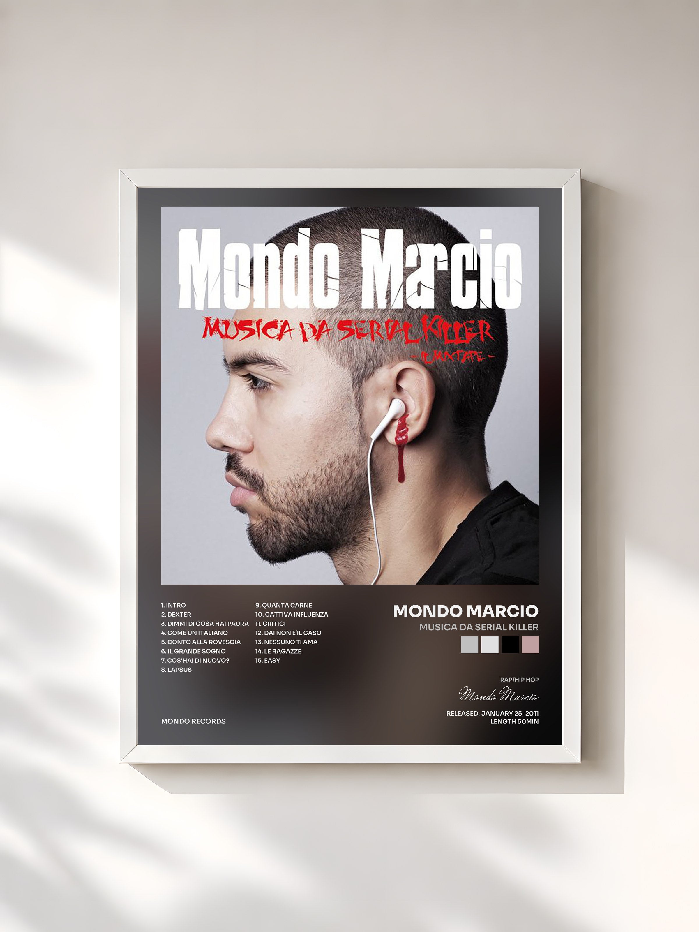 #blanc Tableau de l'album Musica da Serial Killer de Mondo Marcio, cadre blanc, imprimé et encadré en France