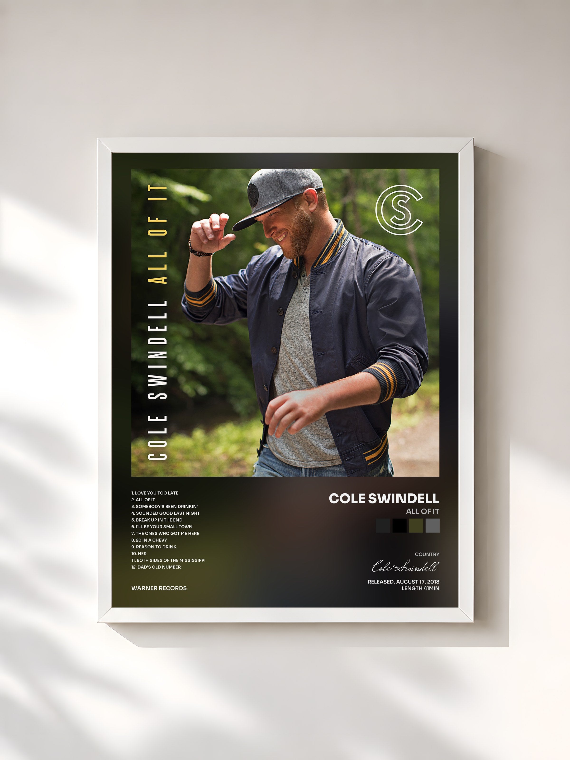 #blanc Tableau de l'album All of It de Cole Swindell, cadre blanc, imprimé et encadré en France