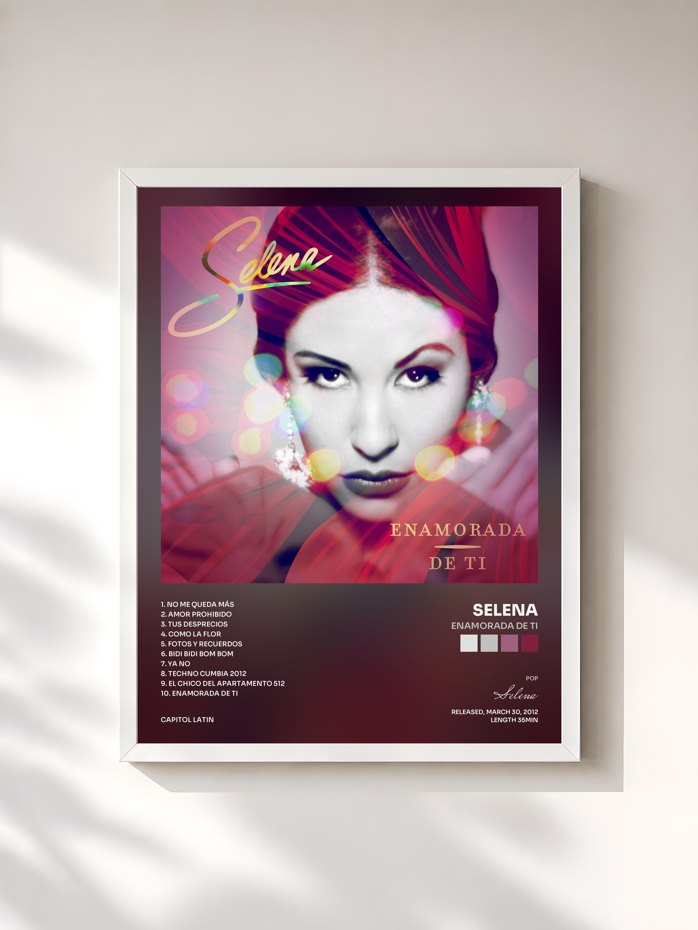 #blanc Tableau de l'album Enamorada de Ti de Selena, cadre blanc, imprimé et encadré en France