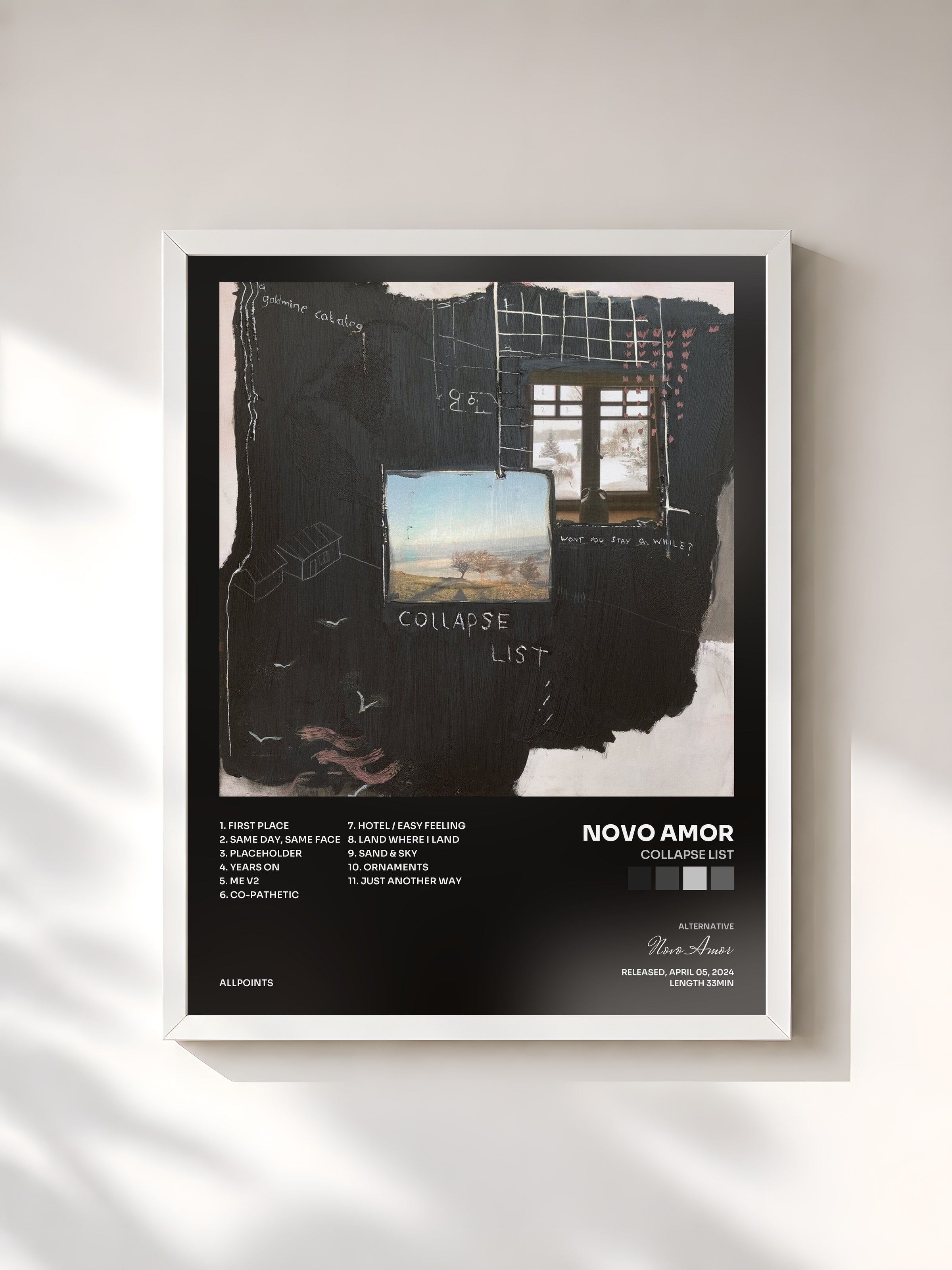 #blanc Tableau de l'album Collapse List de Novo Amor, cadre blanc, imprimé et encadré en France
