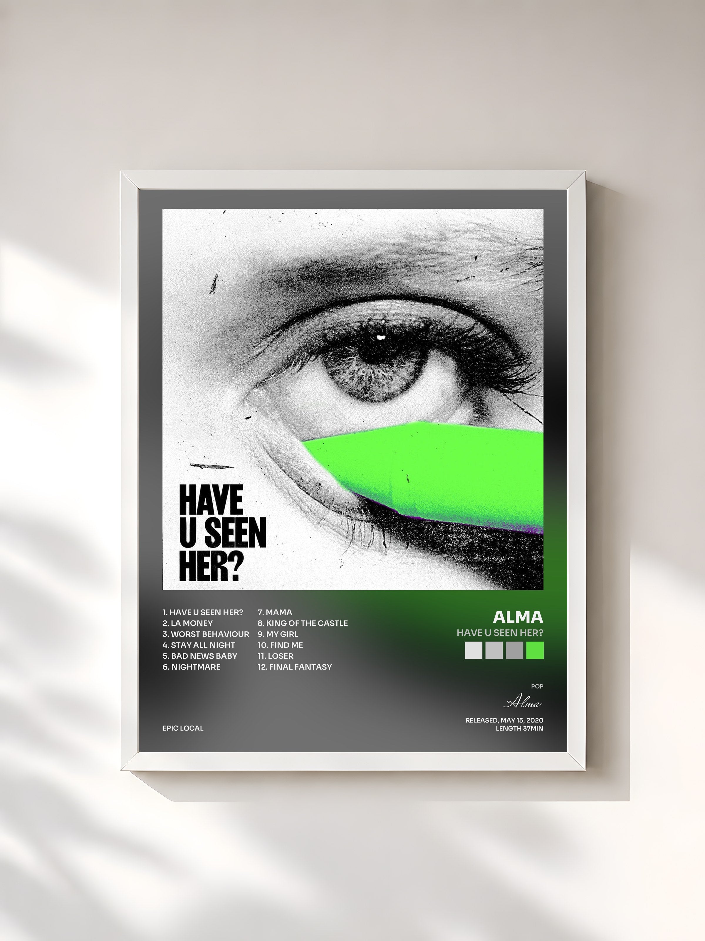 #blanc Tableau de l'album Have U Seen Her? de Alma, cadre blanc, imprimé et encadré en France