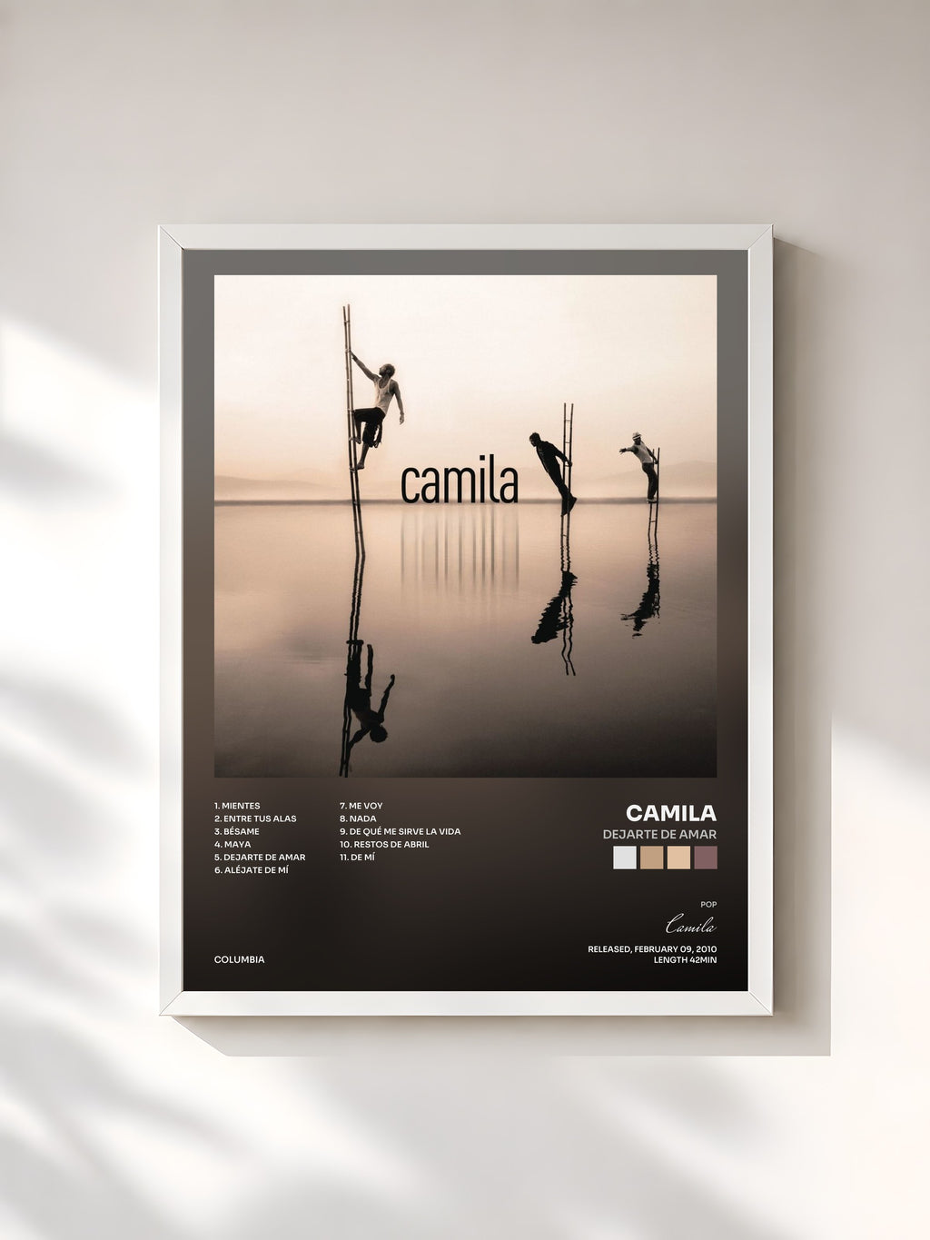 #blanc Tableau de l'album Dejarte De Amar de Camila, cadre blanc, imprimé et encadré en France