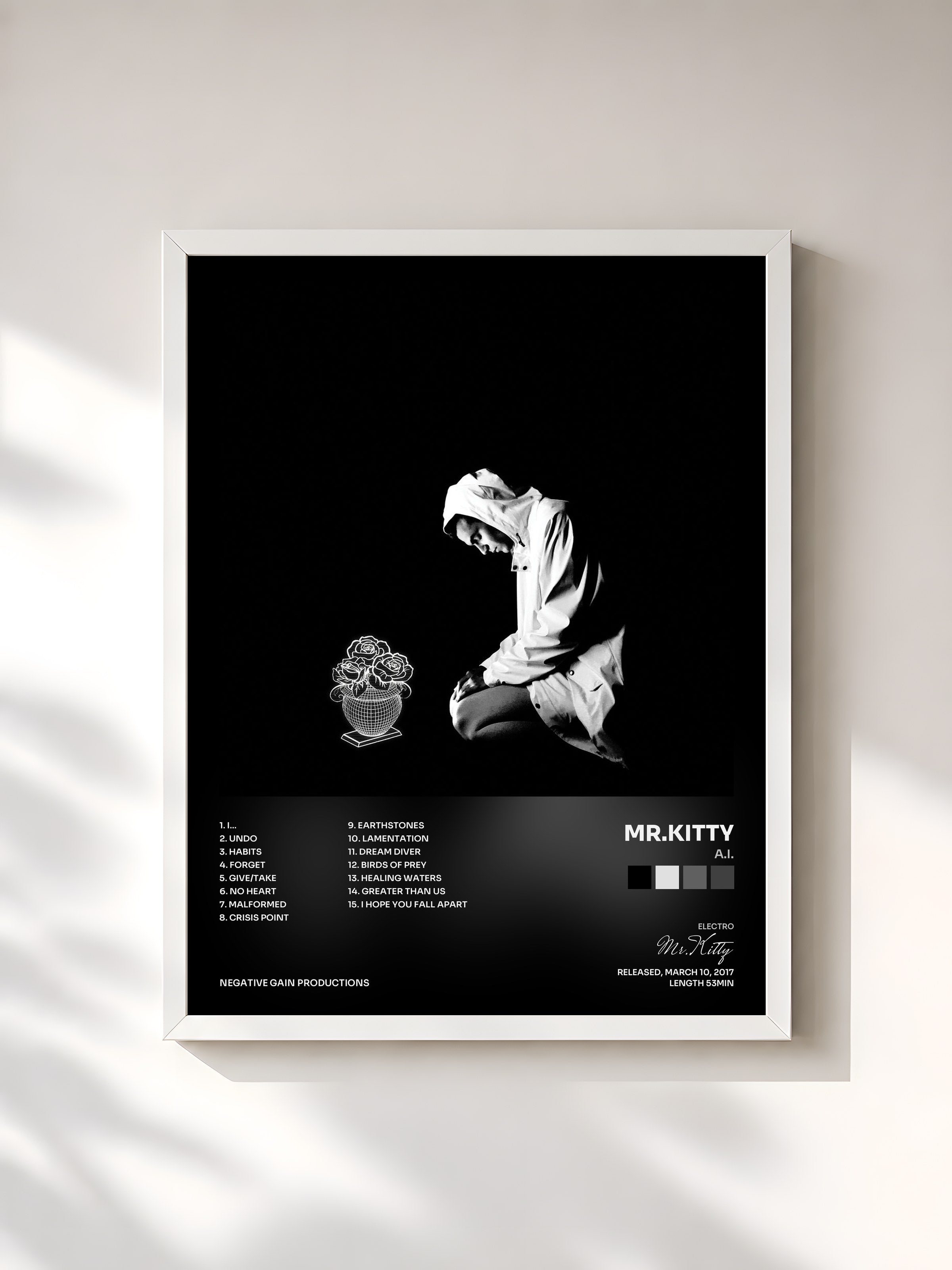 #blanc Tableau de l'album A.I. de Mr.Kitty, cadre blanc, imprimé et encadré en France