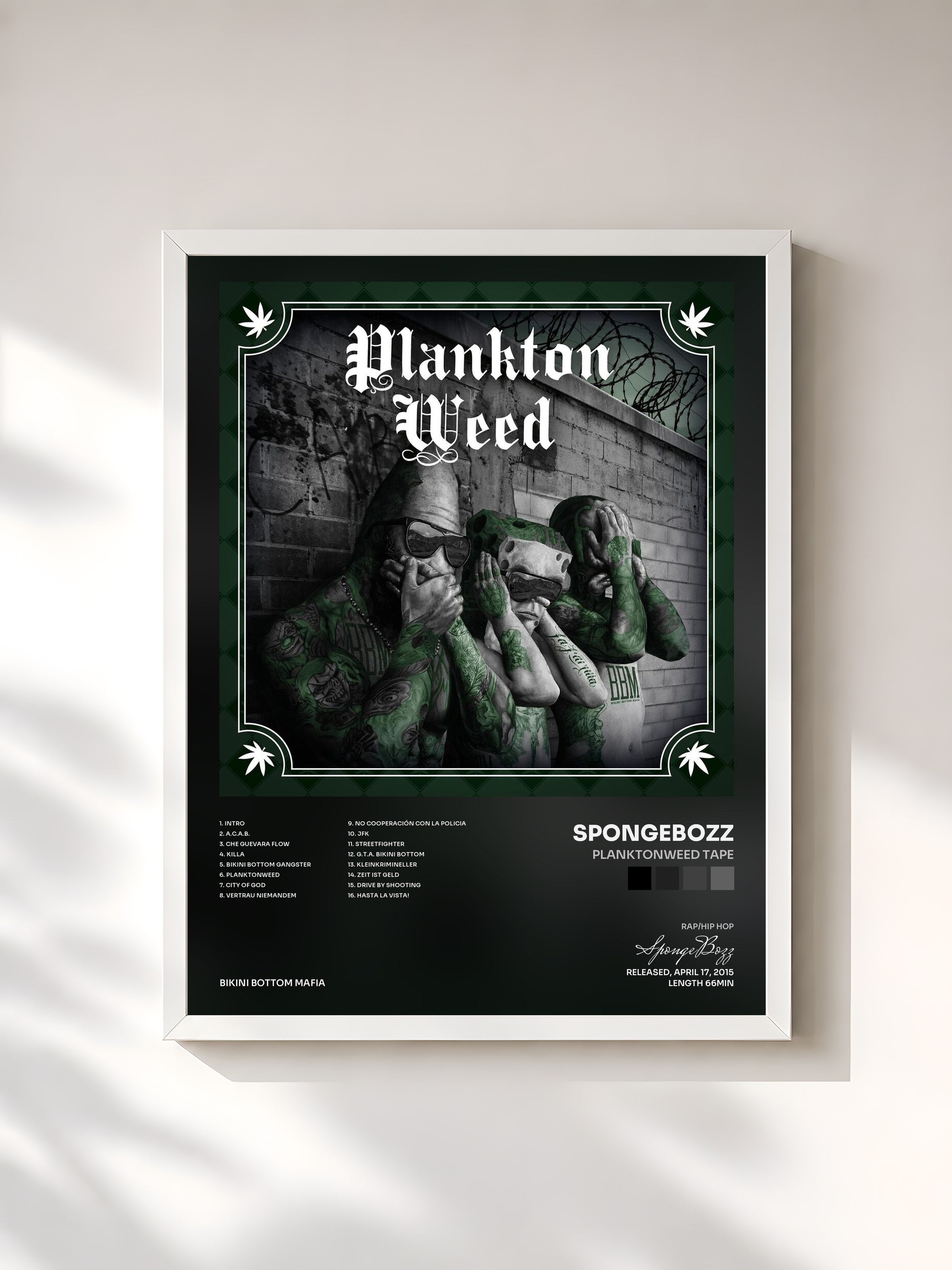 #blanc Tableau de l'album Planktonweed Tape de SpongeBozz, cadre blanc, imprimé et encadré en France