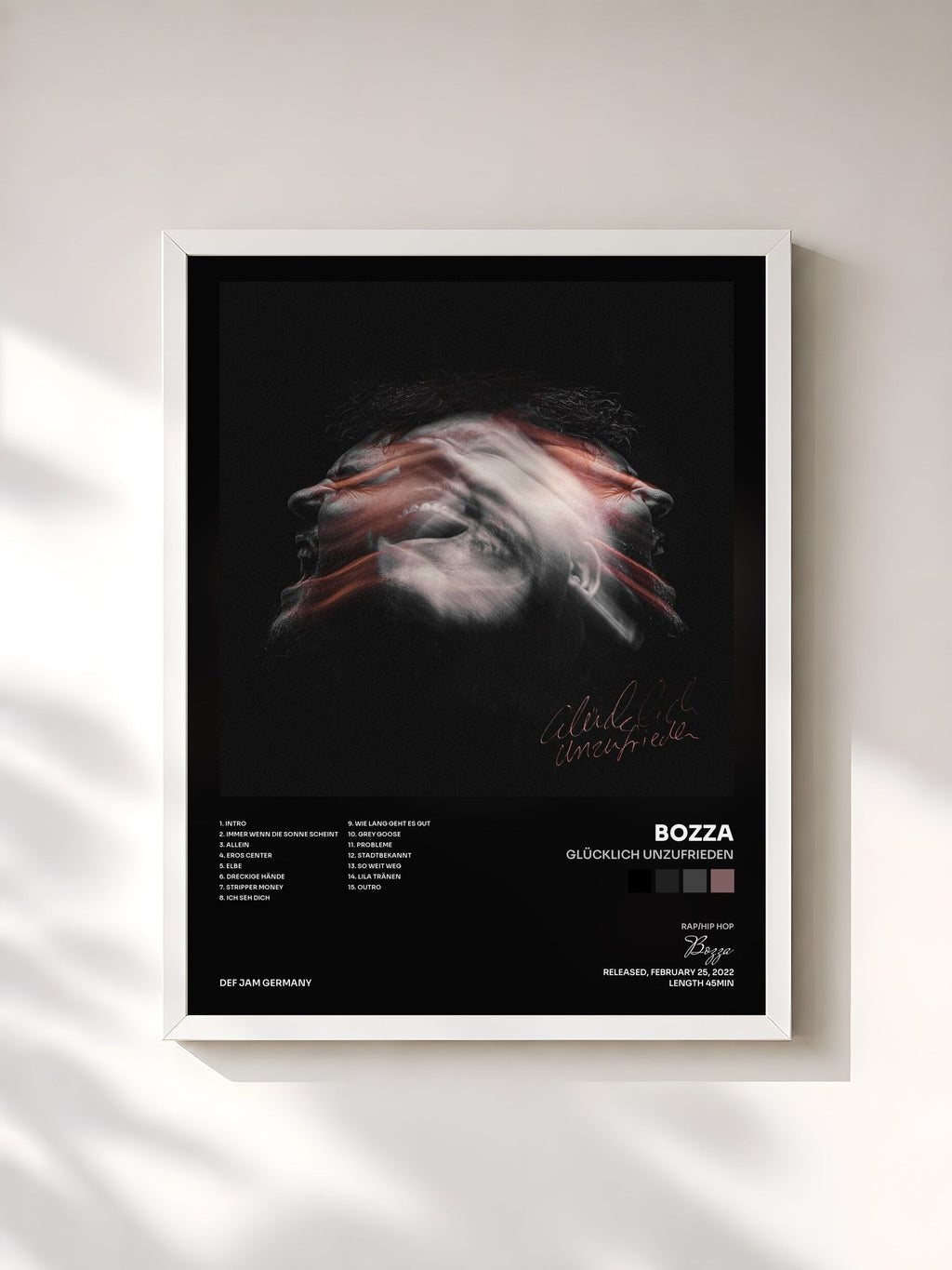#blanc Glücklich Unzufrieden by Bozza as a framed art print, white frame, printed and framed in France