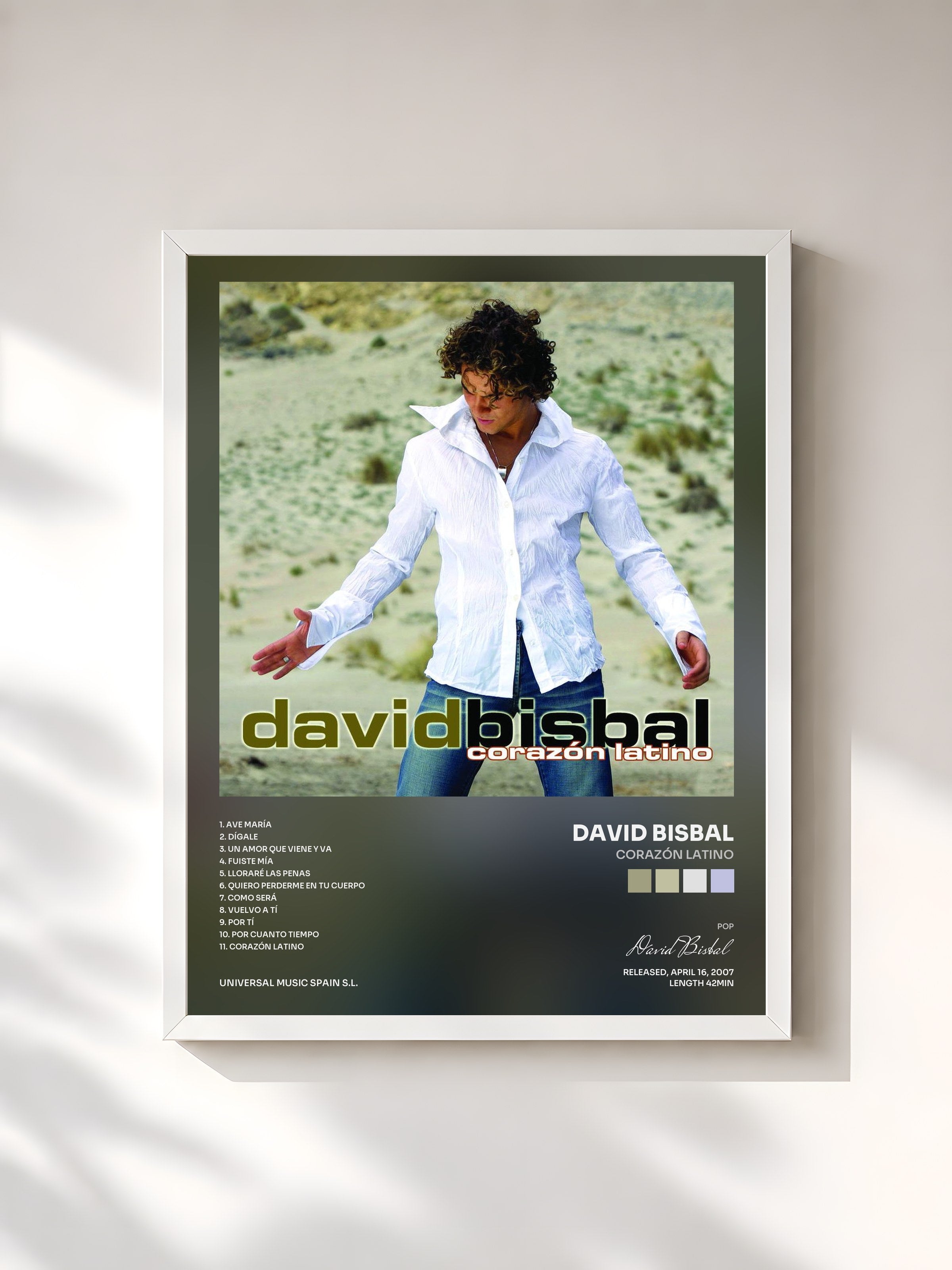#blanc Tableau de l'album Corazón Latino de David Bisbal, cadre blanc, imprimé et encadré en France