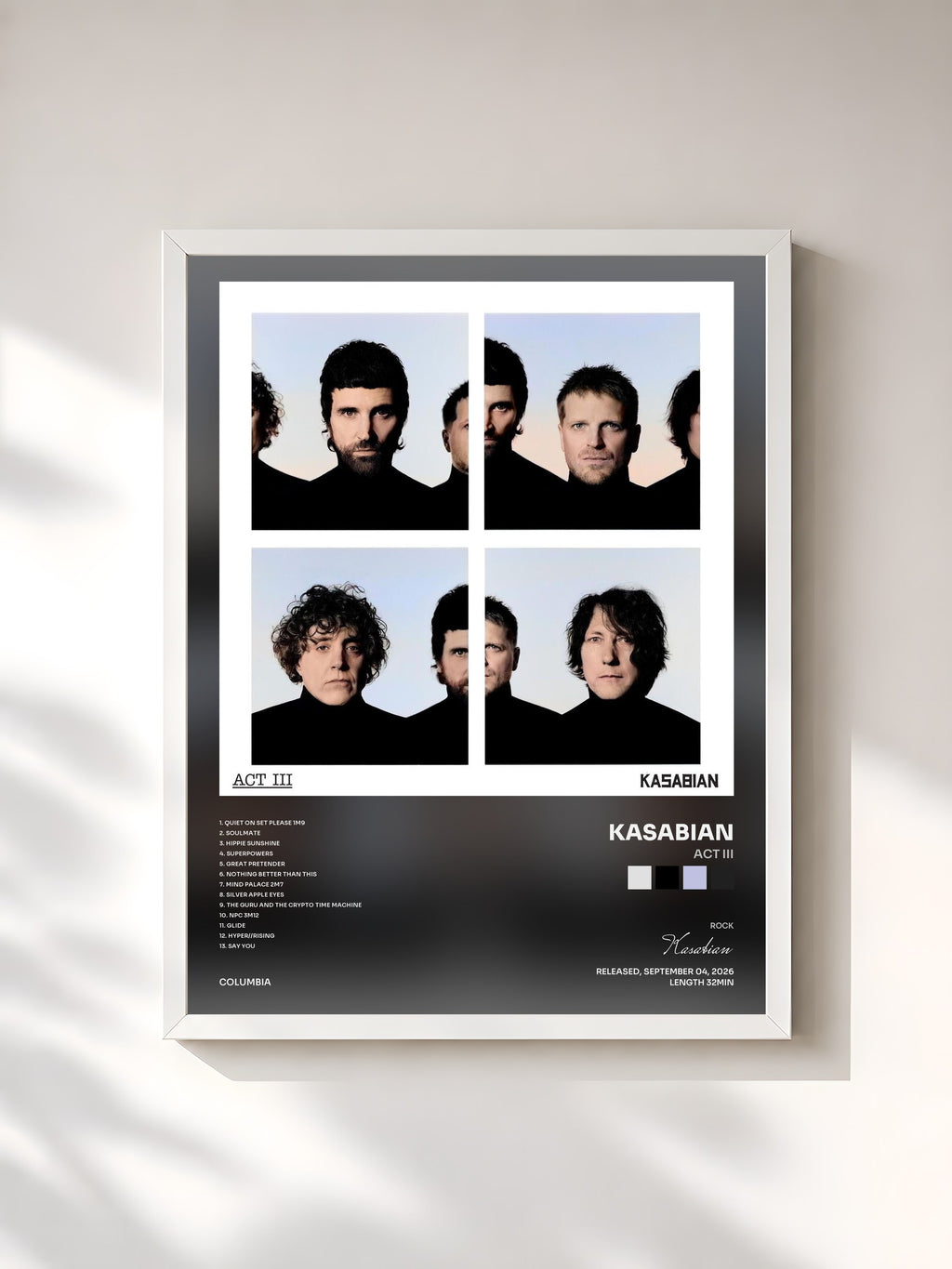 #blanc Tableau de l'album ACT III de Kasabian, cadre blanc, imprimé et encadré en France