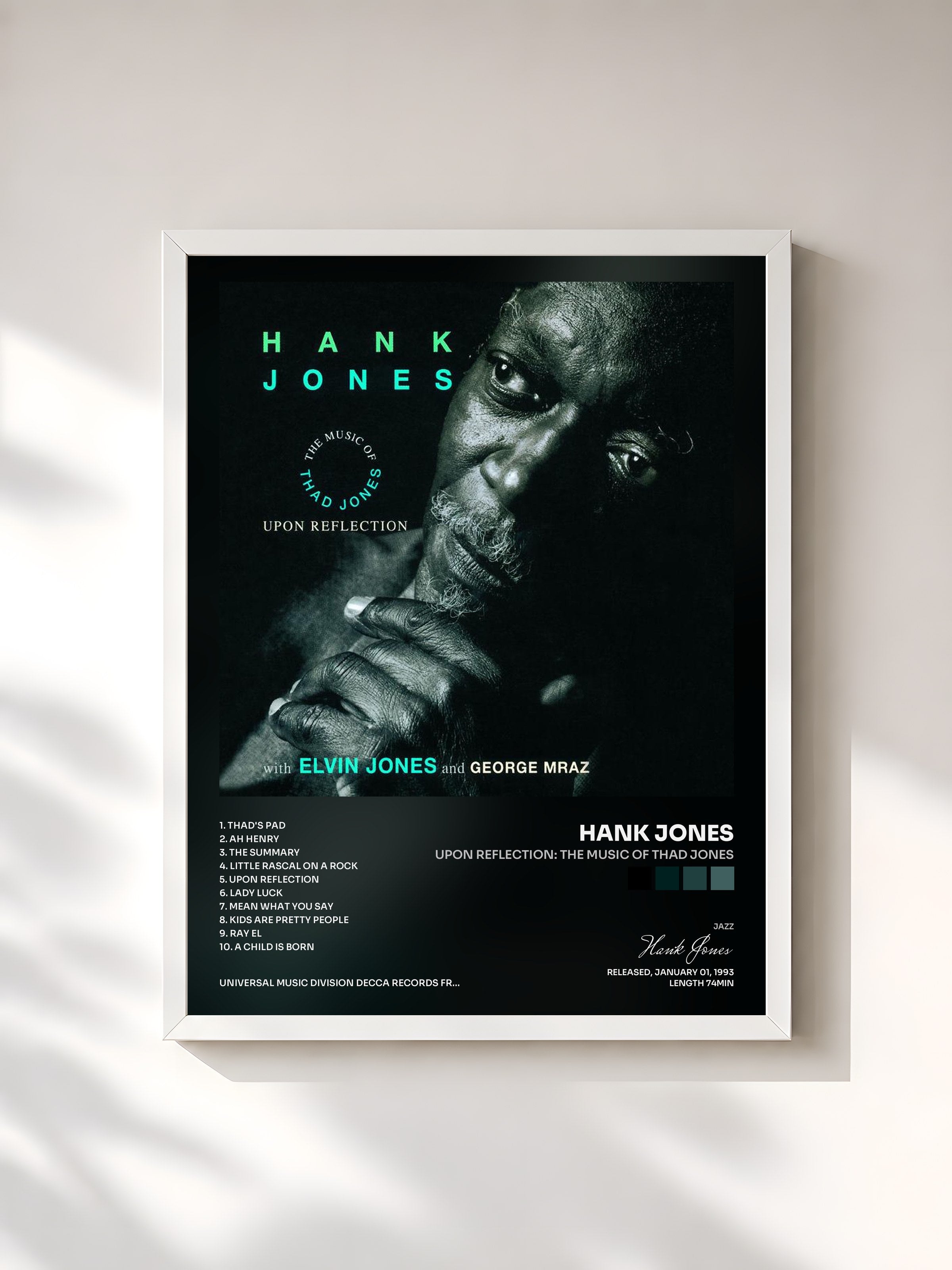 #blanc Tableau de l'album Upon Reflection: The Music Of Thad Jones de Hank Jones, cadre blanc, imprimé et encadré en France