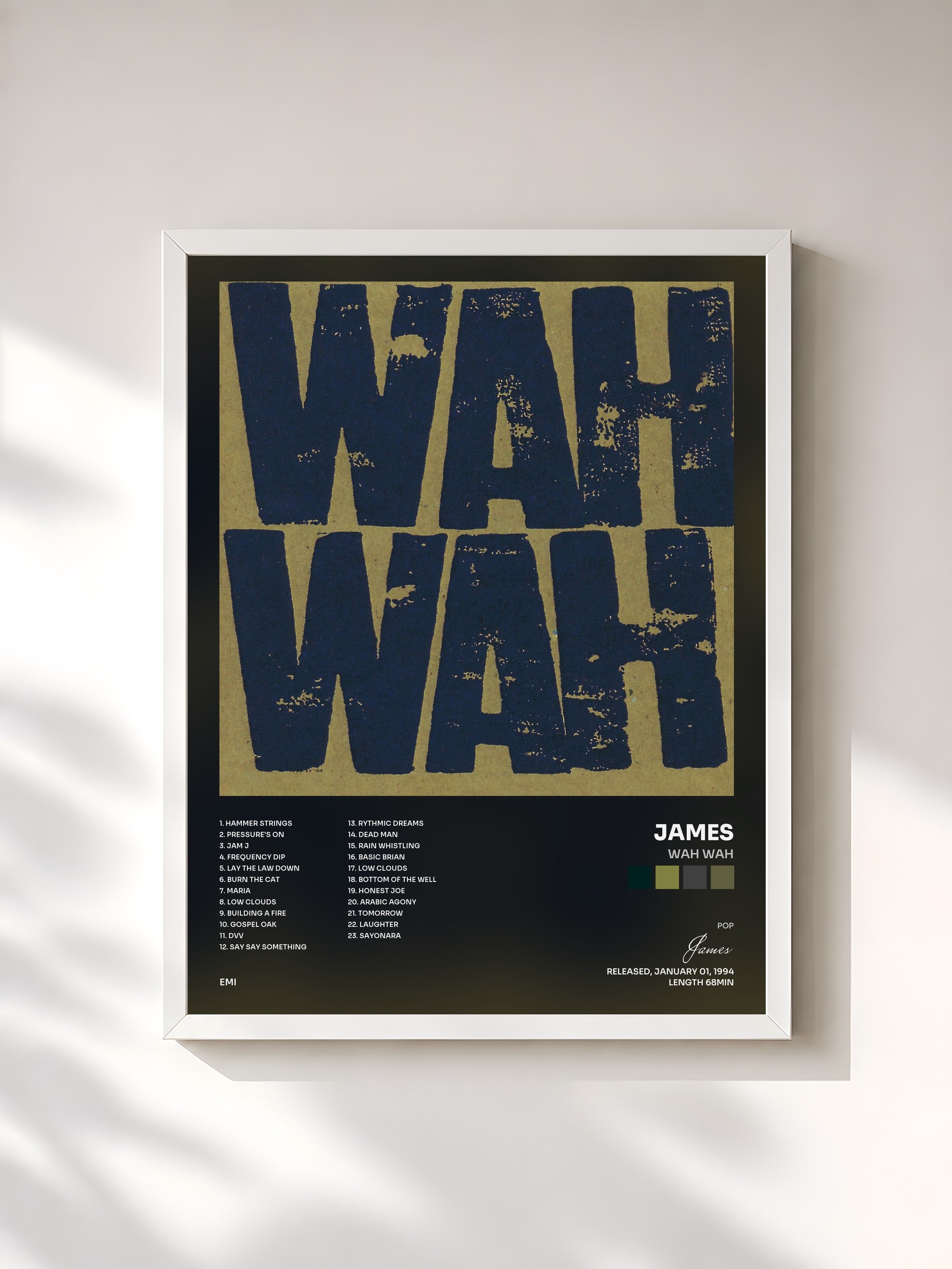 #blanc Tableau de l'album Wah Wah de James, cadre blanc, imprimé et encadré en France