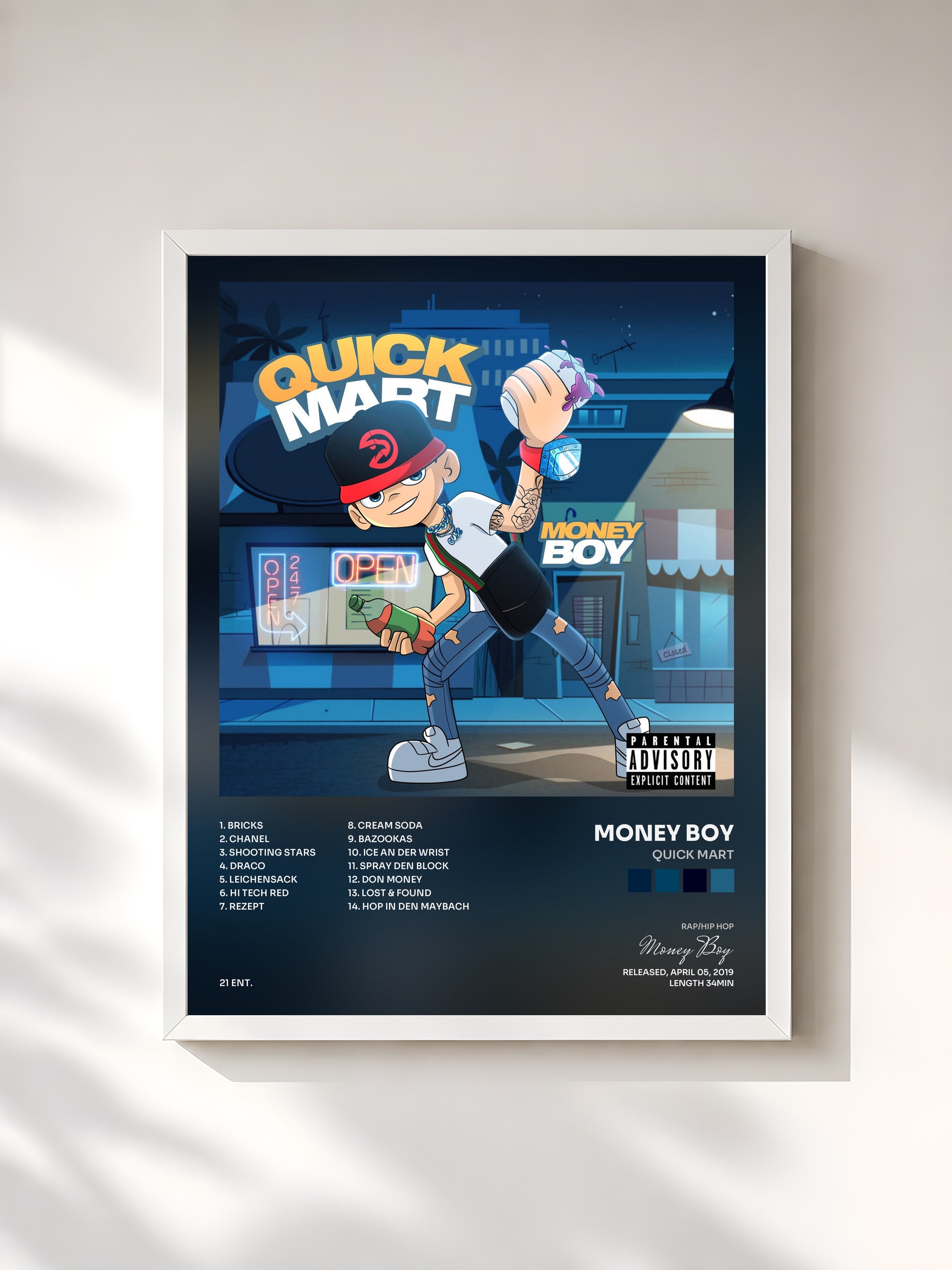 #blanc Tableau de l'album Quick Mart de Money Boy, cadre blanc, imprimé et encadré en France